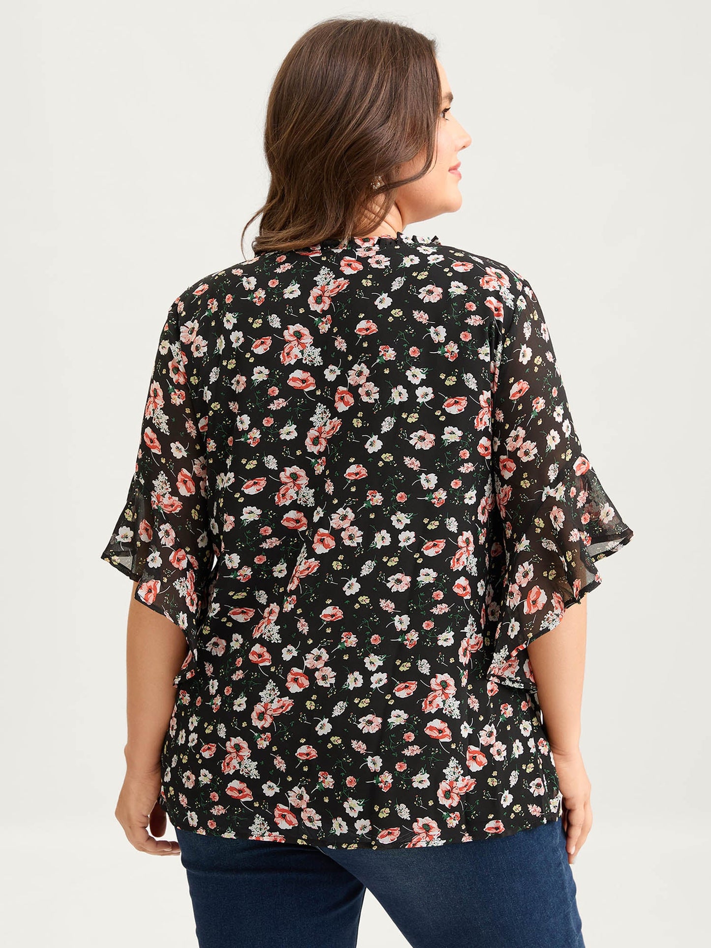 Chiffon Floral Ruffled Sleeve Blouse
