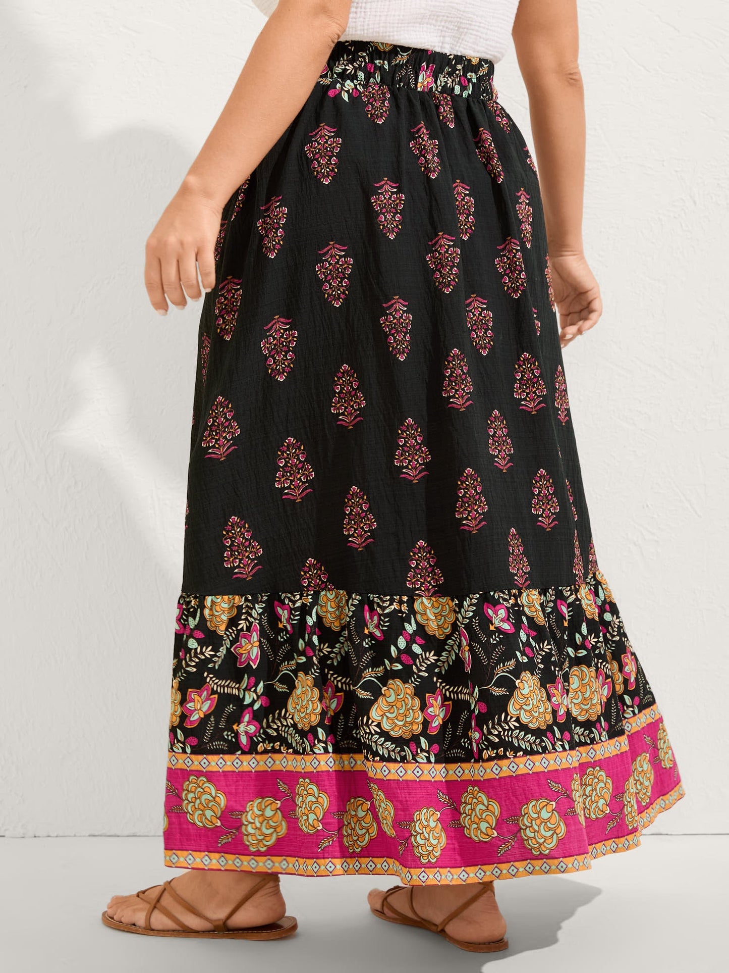 Boho Floral Waist Stretchy Midi Skirt