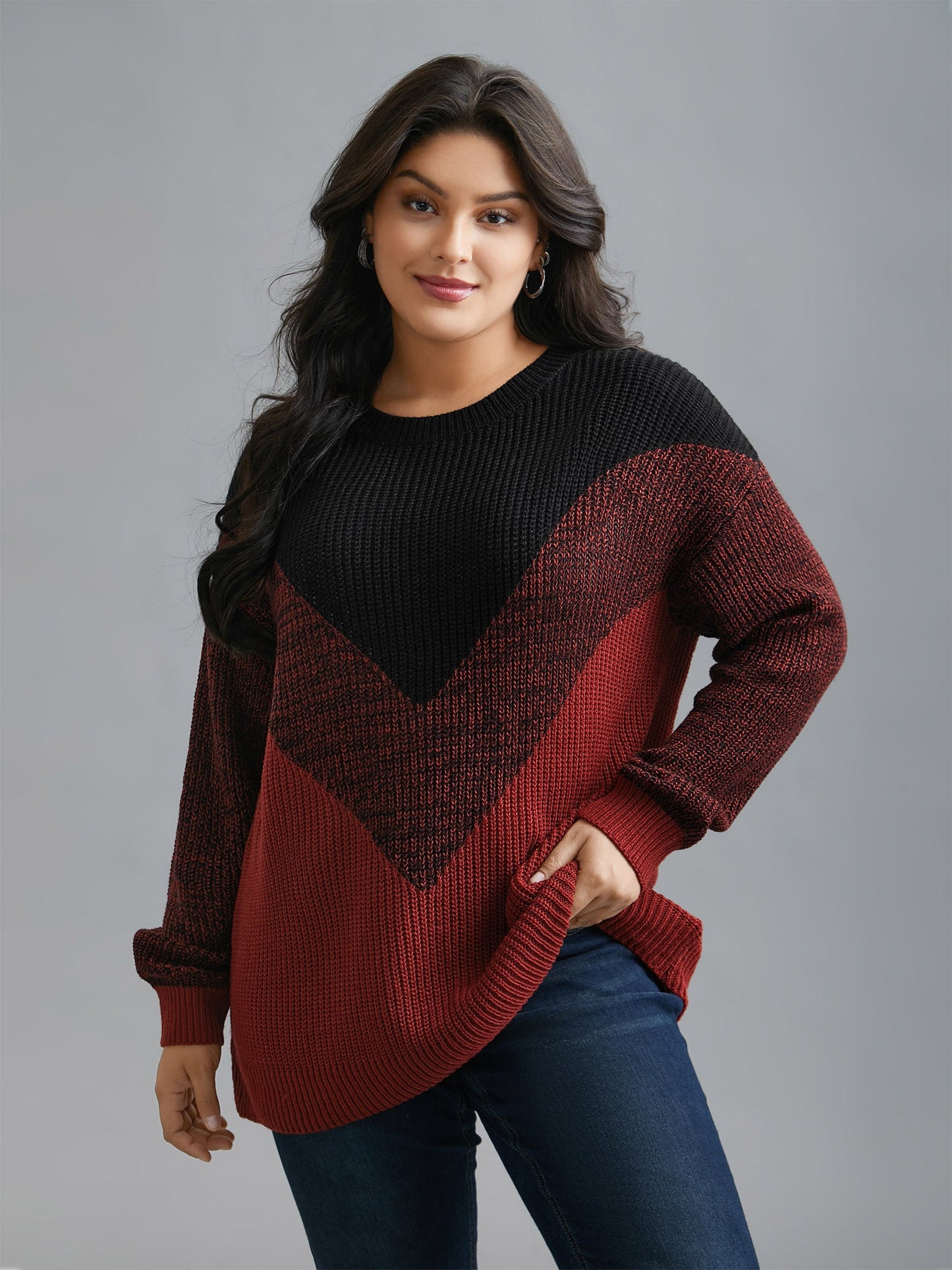 Textured Balloon Sleeves Color Block Pullover