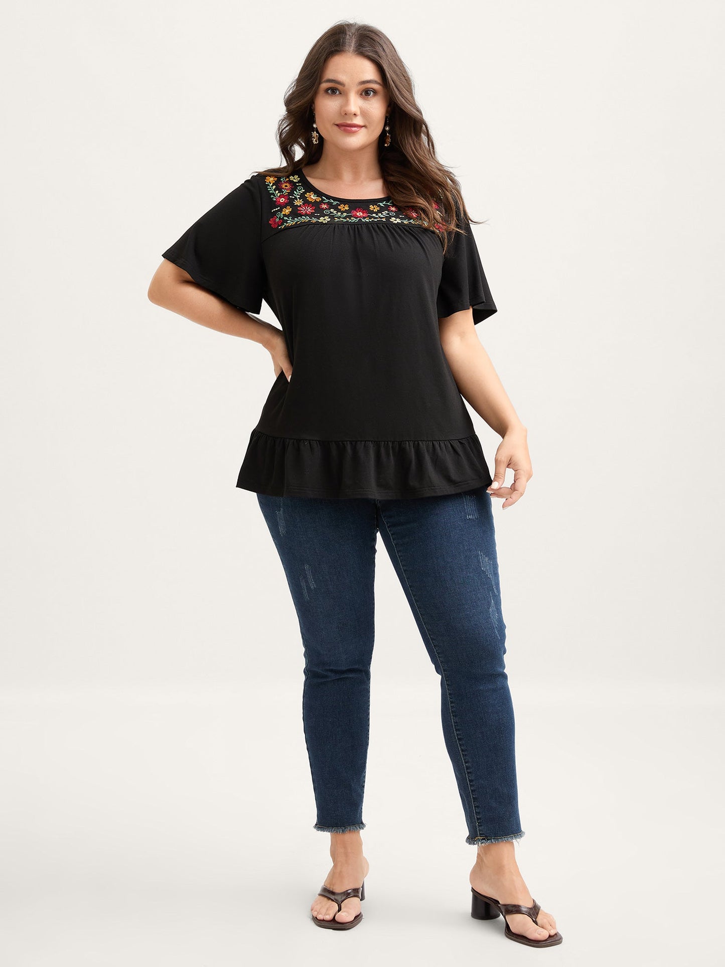 Stretchy Floral Embroidery Ruffled Hem Top