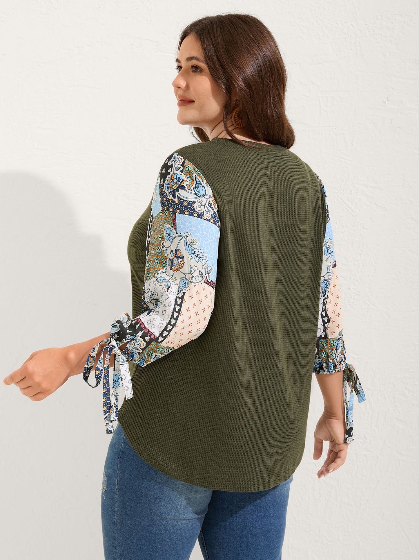 Boho Print Ribbed Sleeve Tie Sweatshirt
