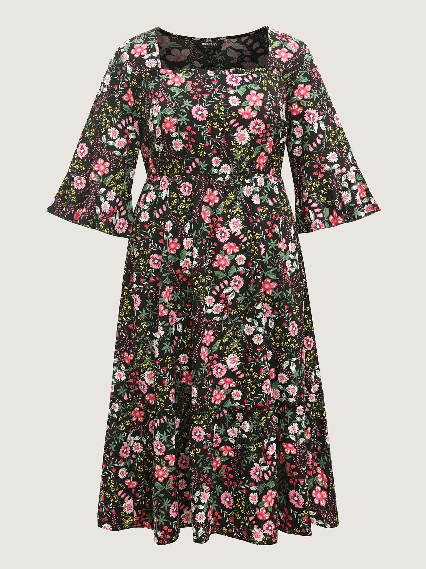 Floral Ruffled Square Neck Midi Dress