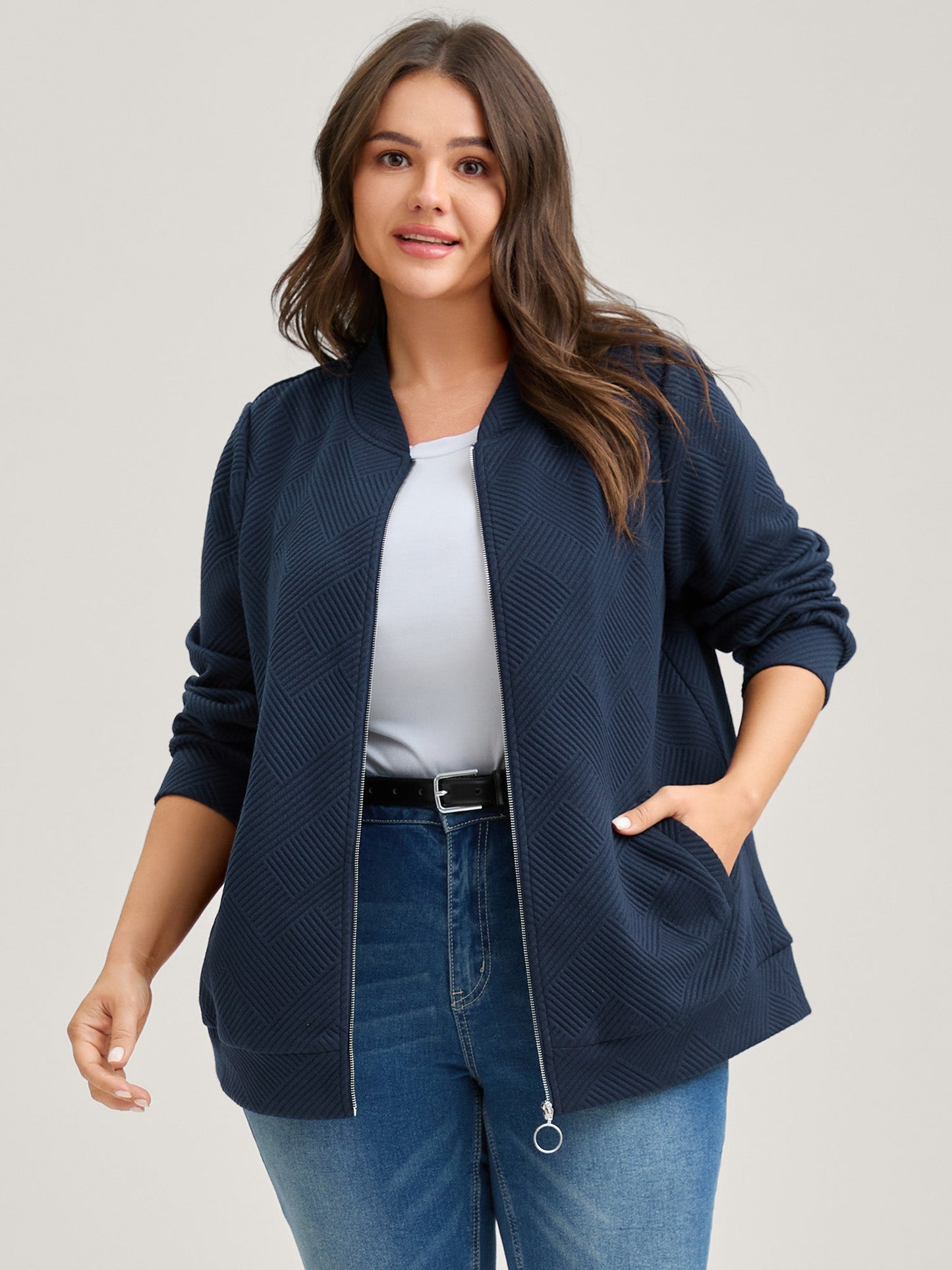 Textured Solid Pockets Zipper Jacket