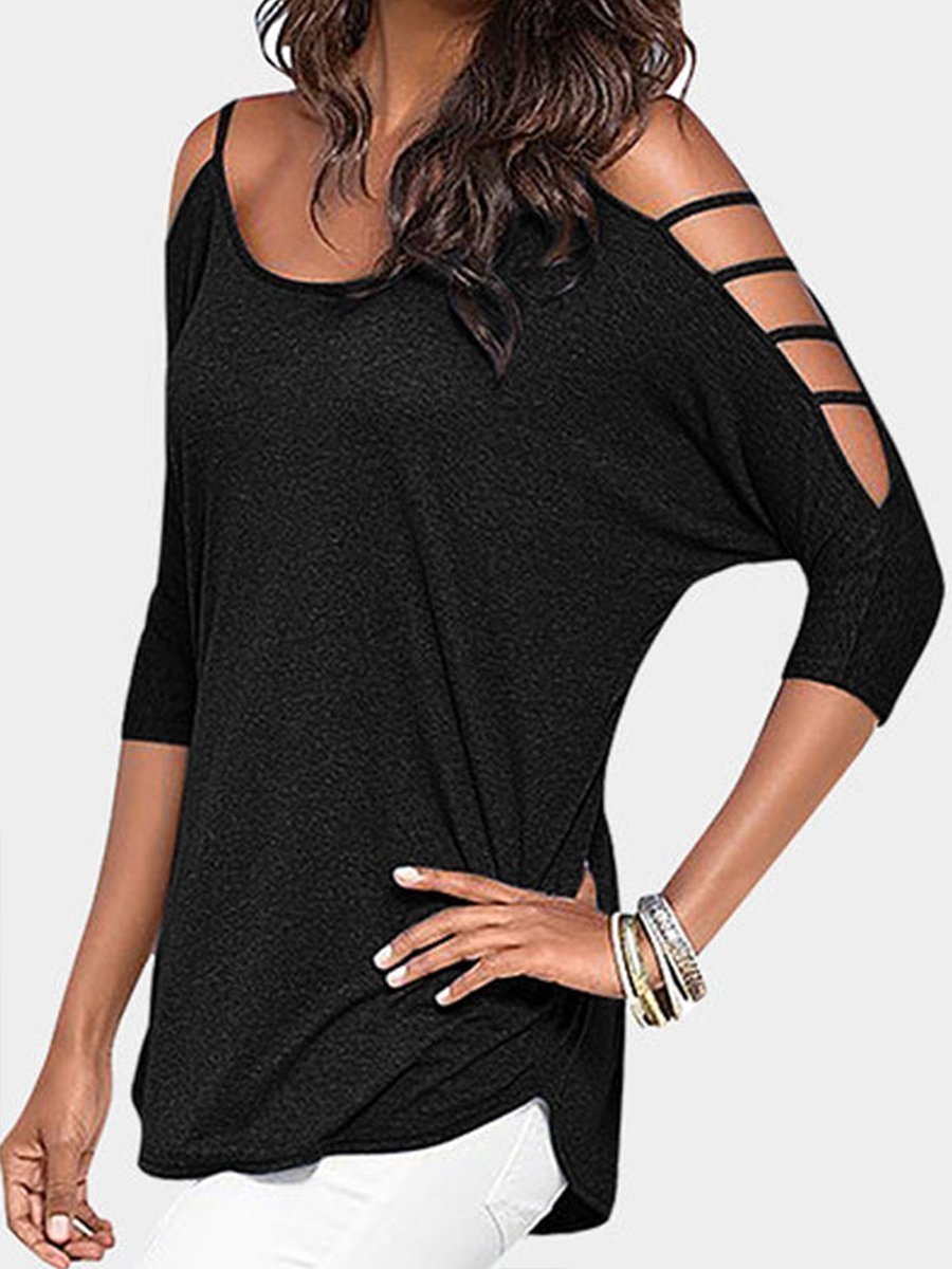 Open Shoulder Round Neck Hollow Out Plain Tops