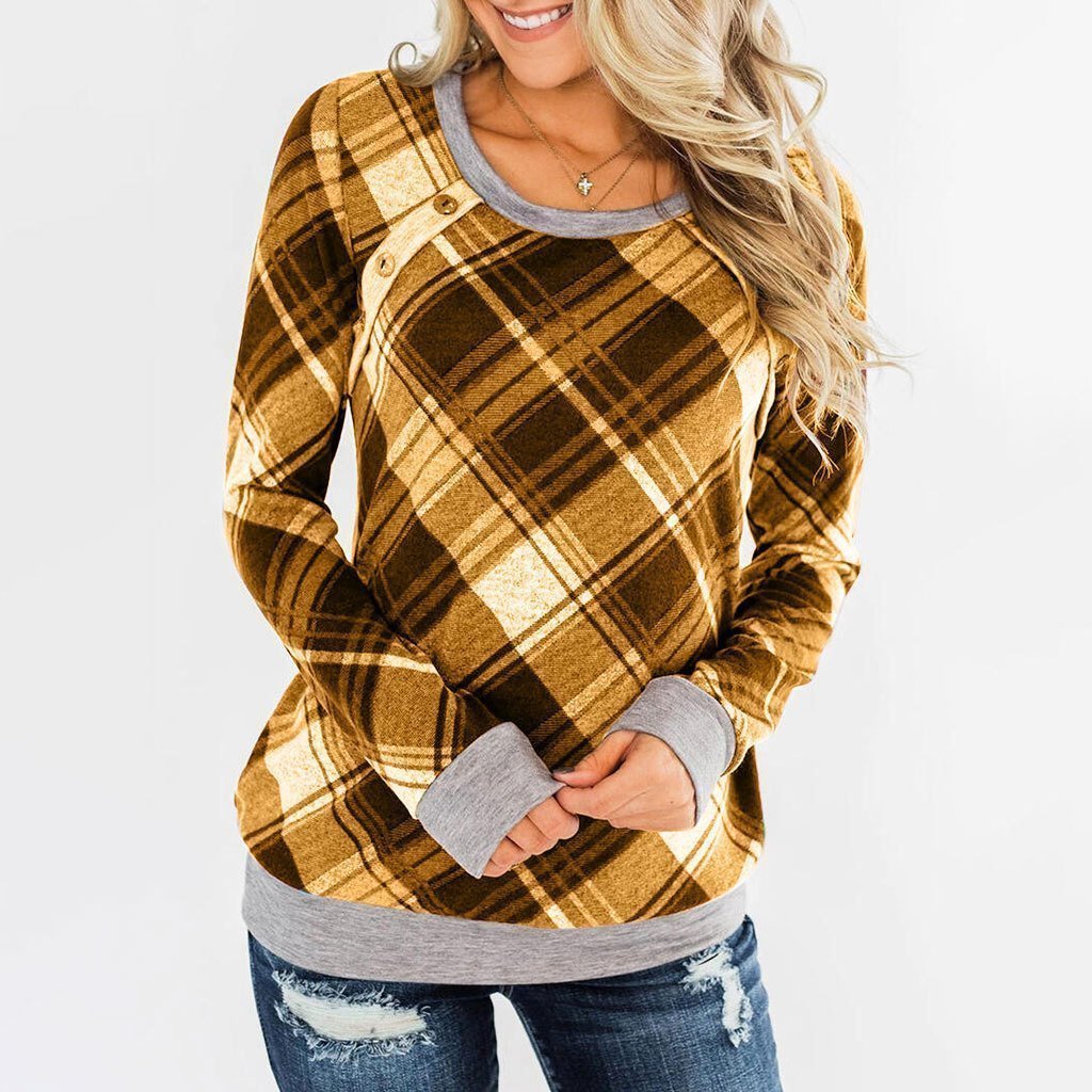 Round Collar Button Plaid Long Sleeve T-shirt