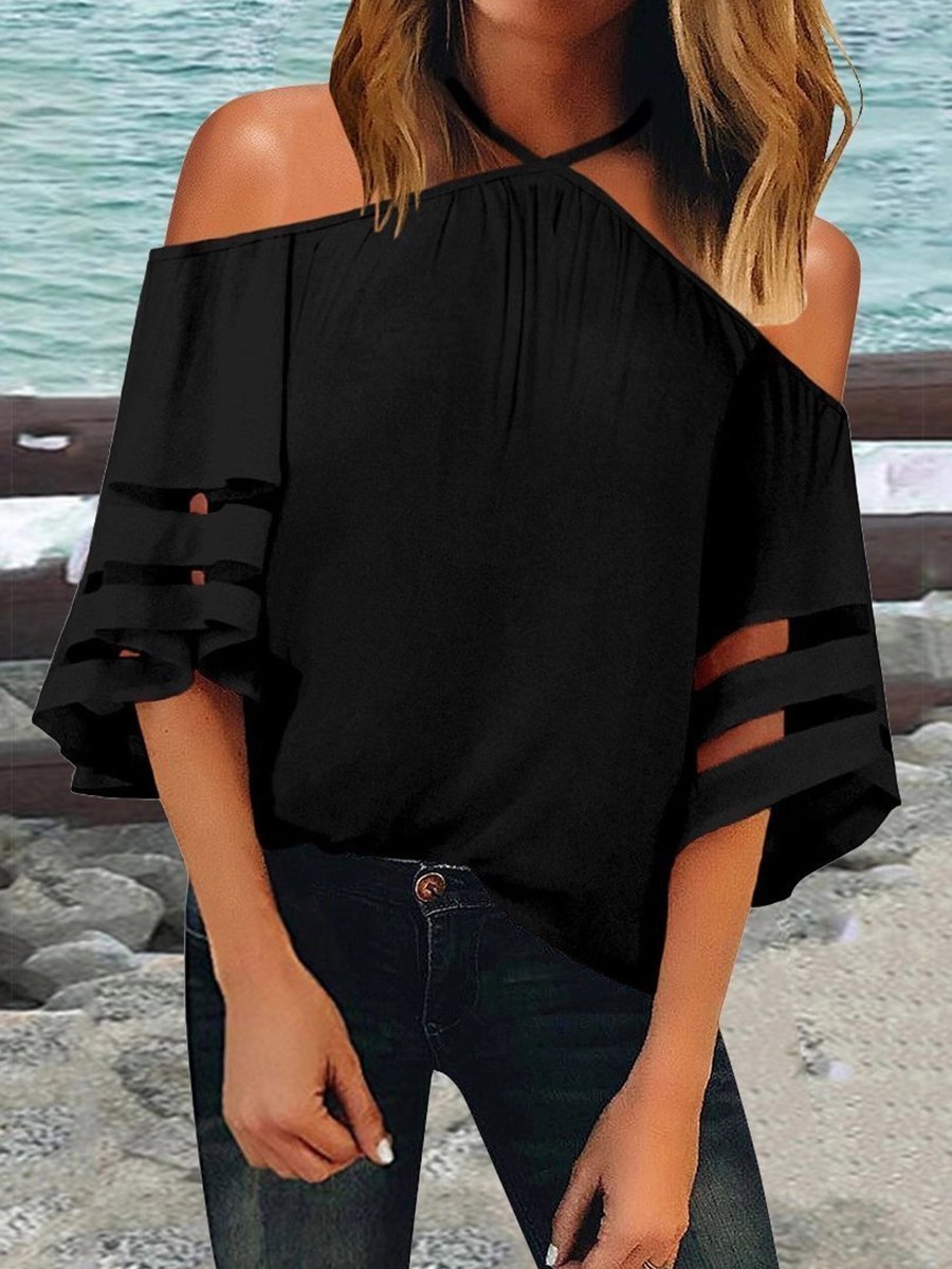 Sexy Halter Strapless Bell Sleeve Stitching Mesh T-Shirts
