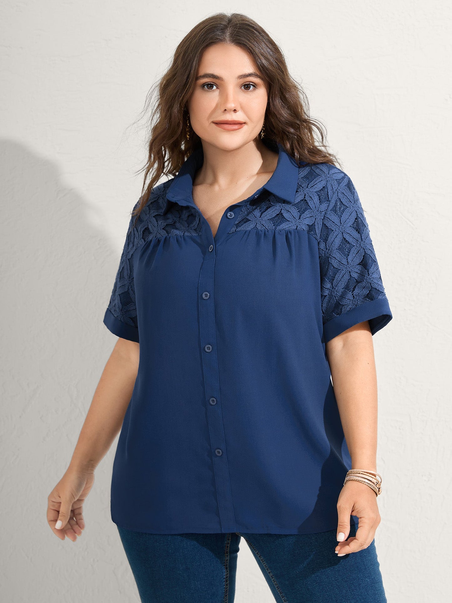 Lace Button Down Solid Shirt