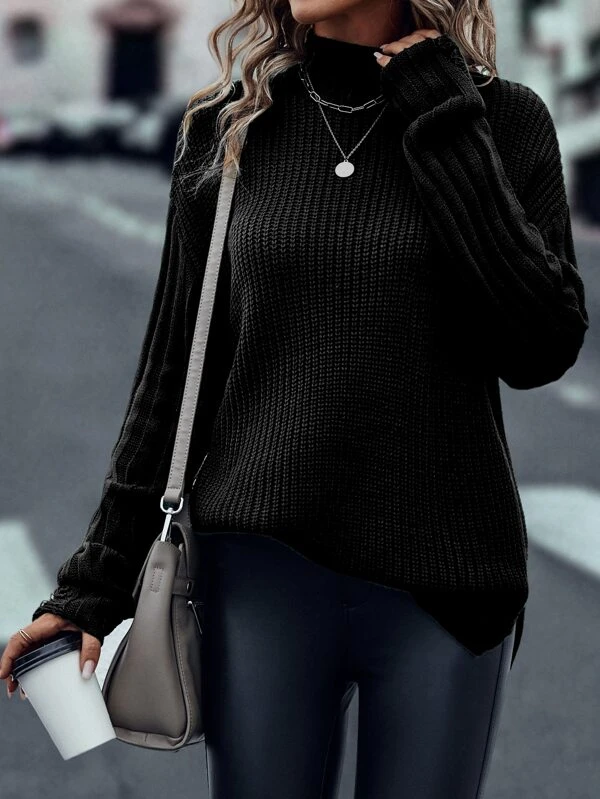 Mock Neck Split Hem Drop Shoulder Distressed Sweater
