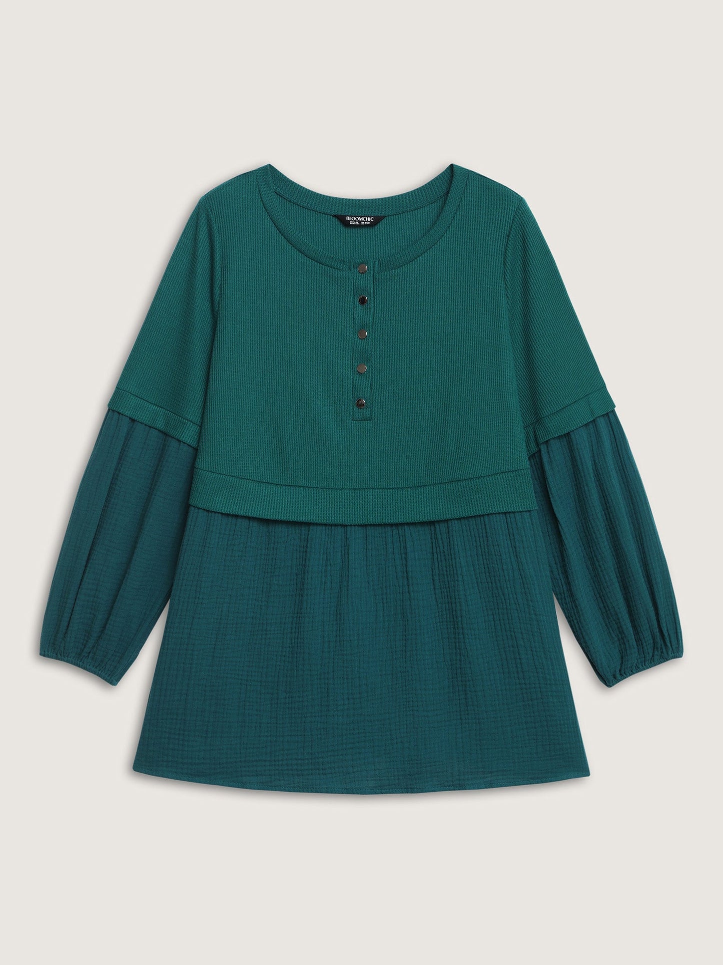 Waffle Grid Button Detail Spliced Sweatshirt