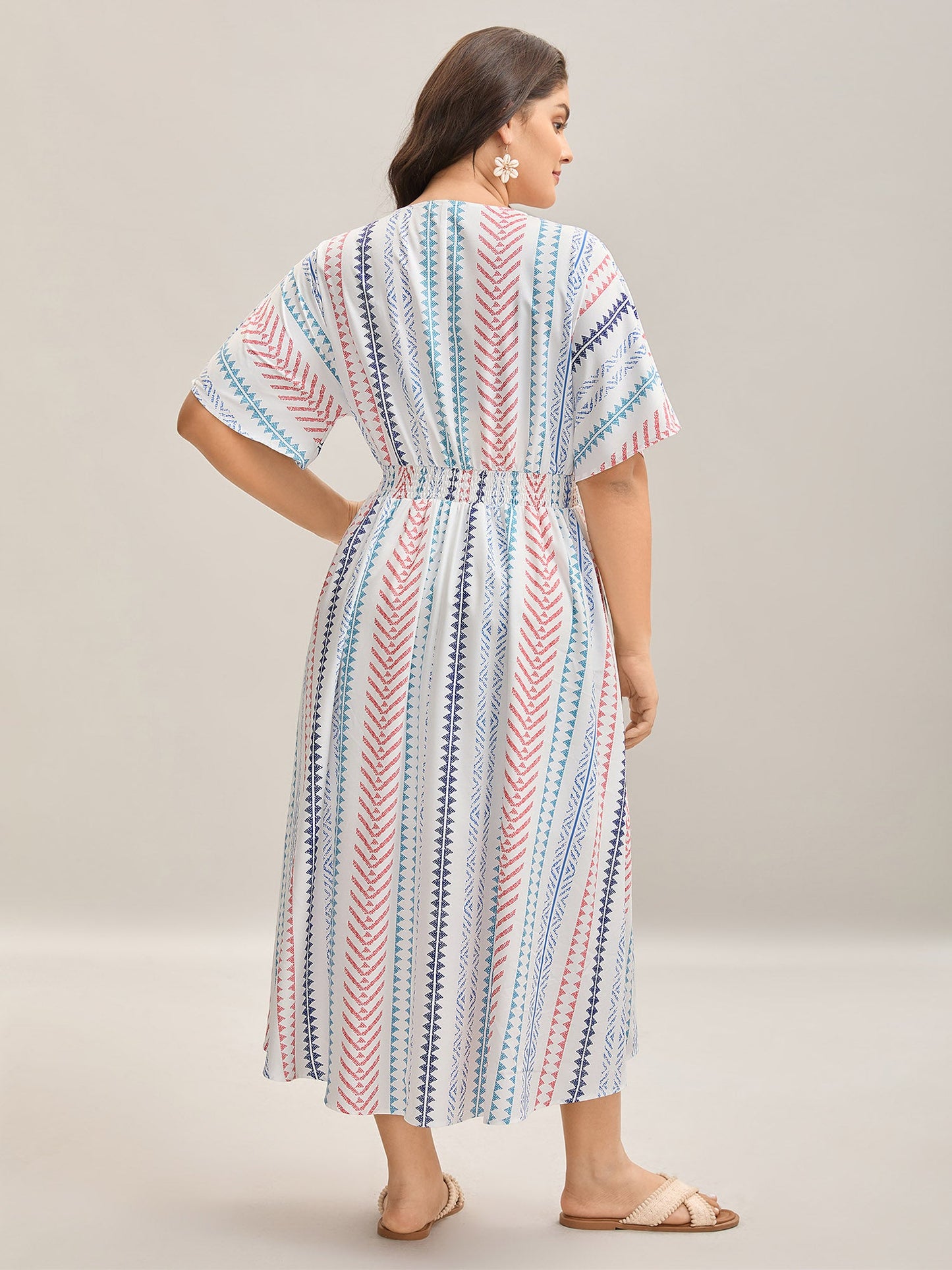 Solid Geometric Dolman Sleeve Pocket Shirred Split Hem Dress