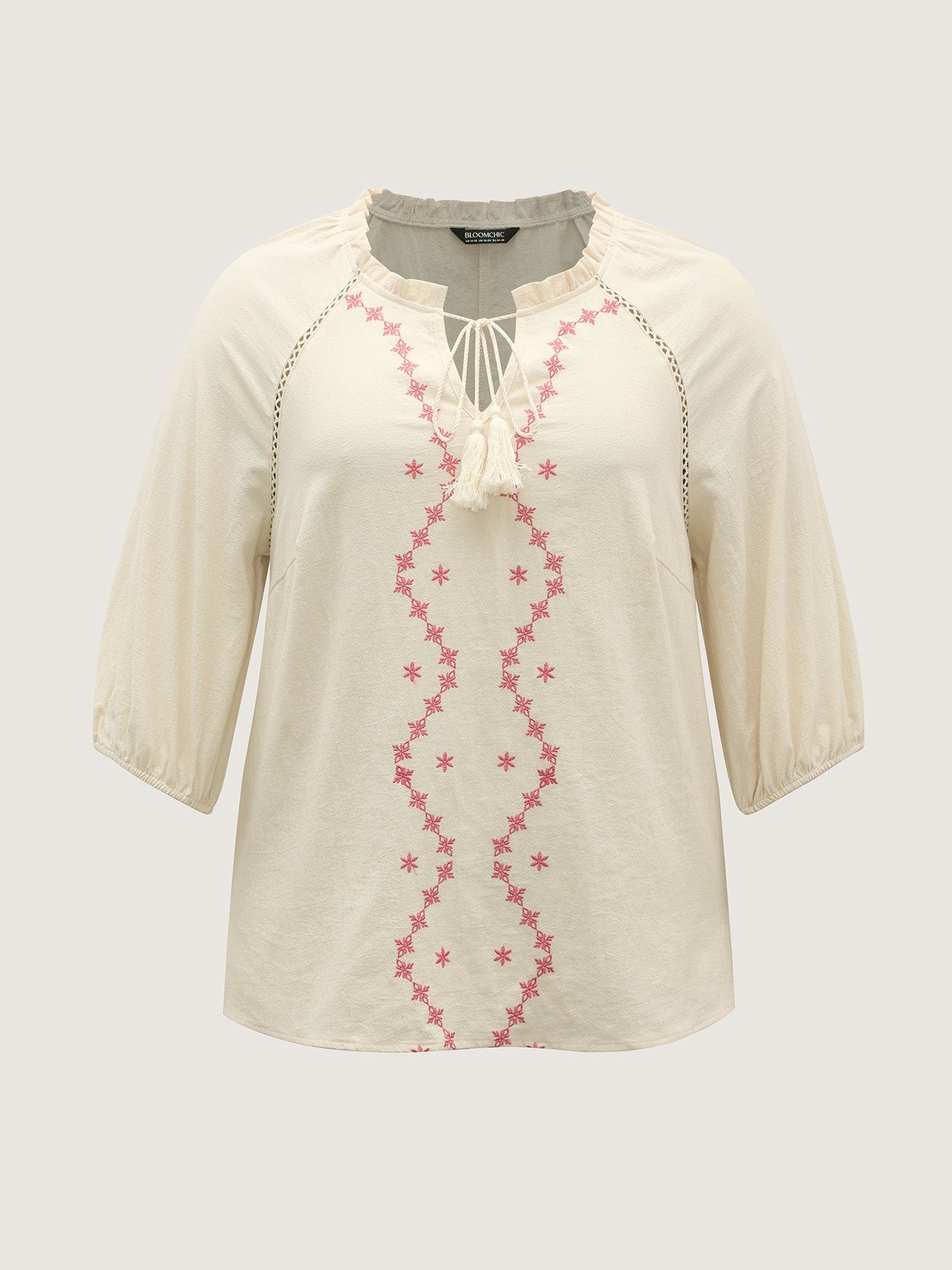 Cotton Lace Embroidered Shirred Neck-Tie Blouse