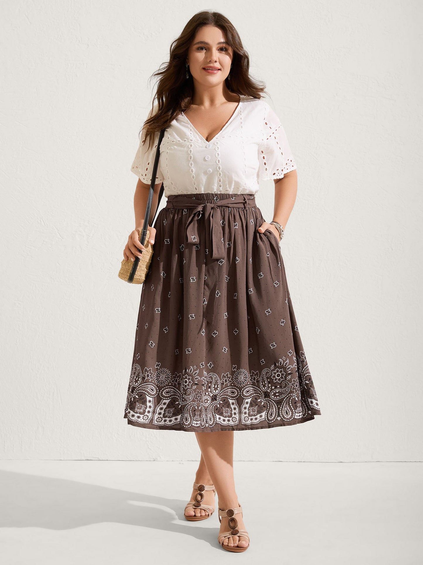 Paisley Print Belted Midi Skirt