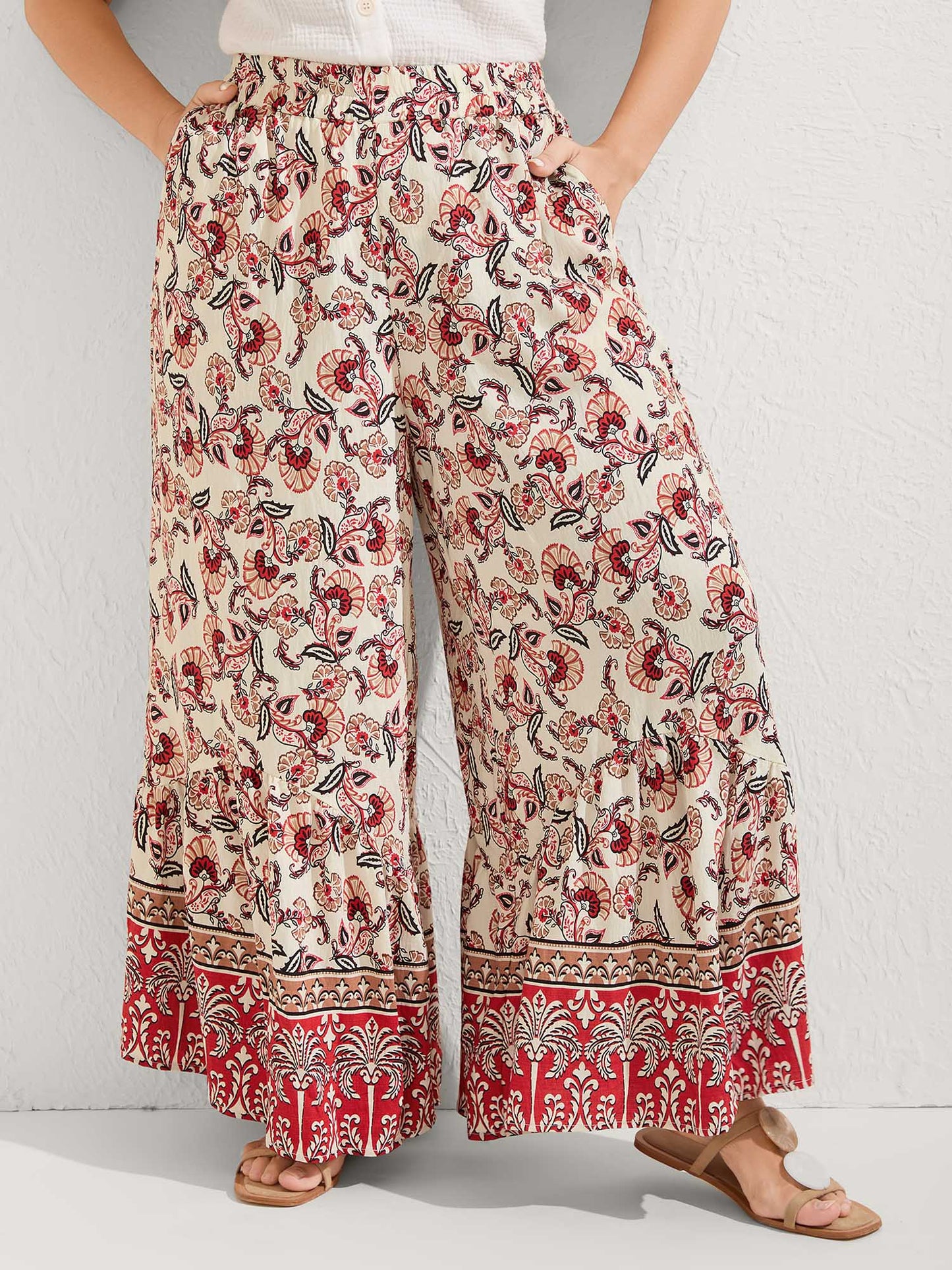 Boho Print Stretchy Waist Wide-Leg Pants