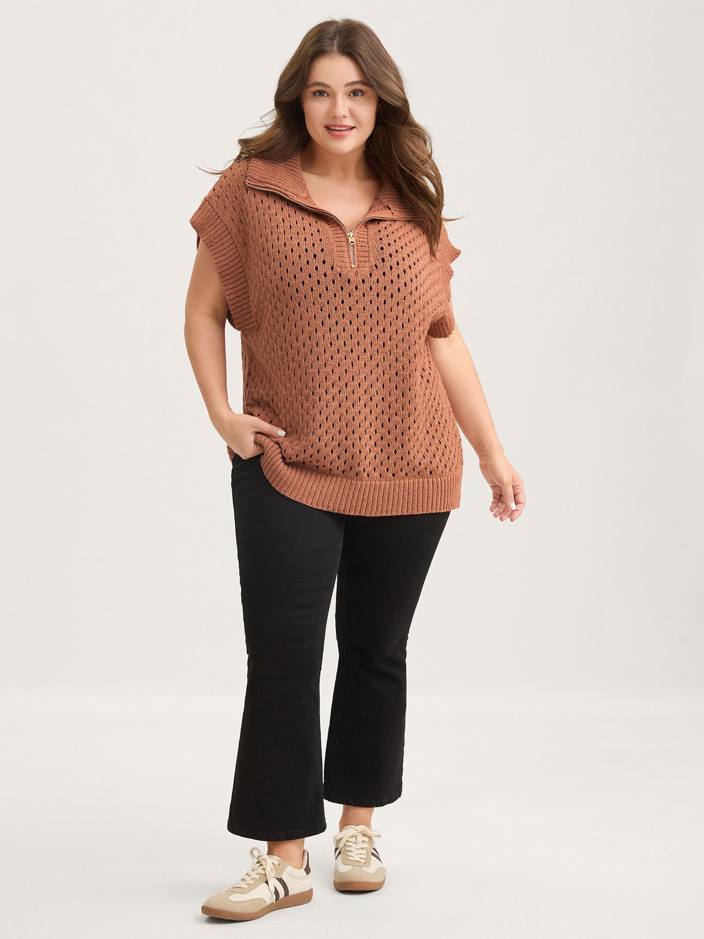 Half-Zipper Sheer Textured Sleeveless Pullover