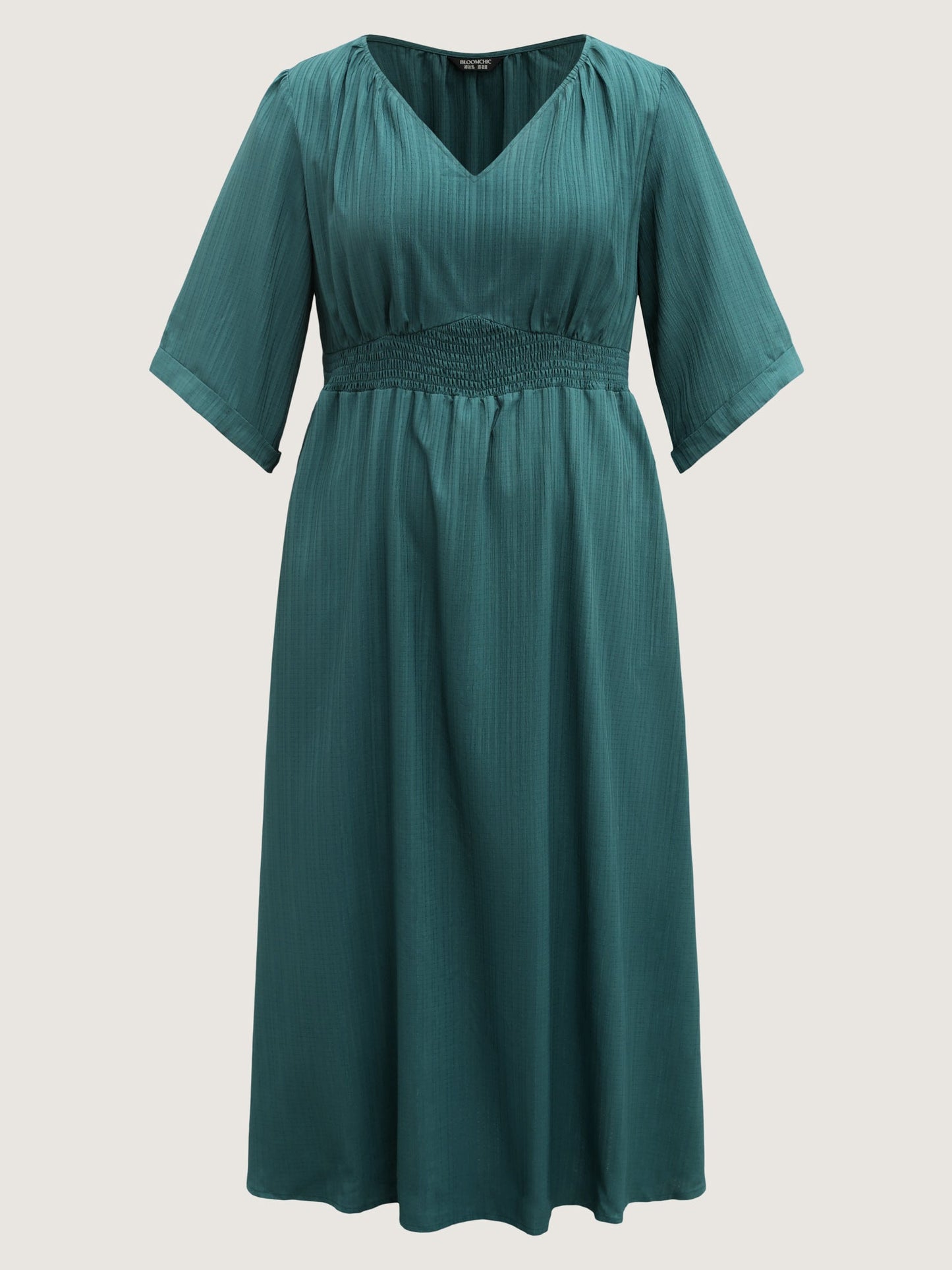 Textured Shirred-Waist Adjustable Pockets Midi Dress