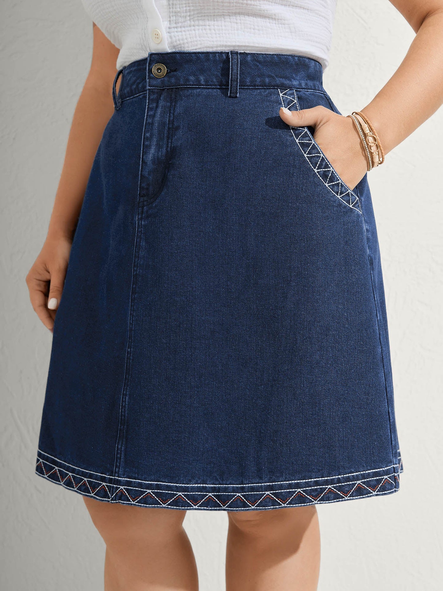 Geometric Embroidered Hem Mini Denim Skirt