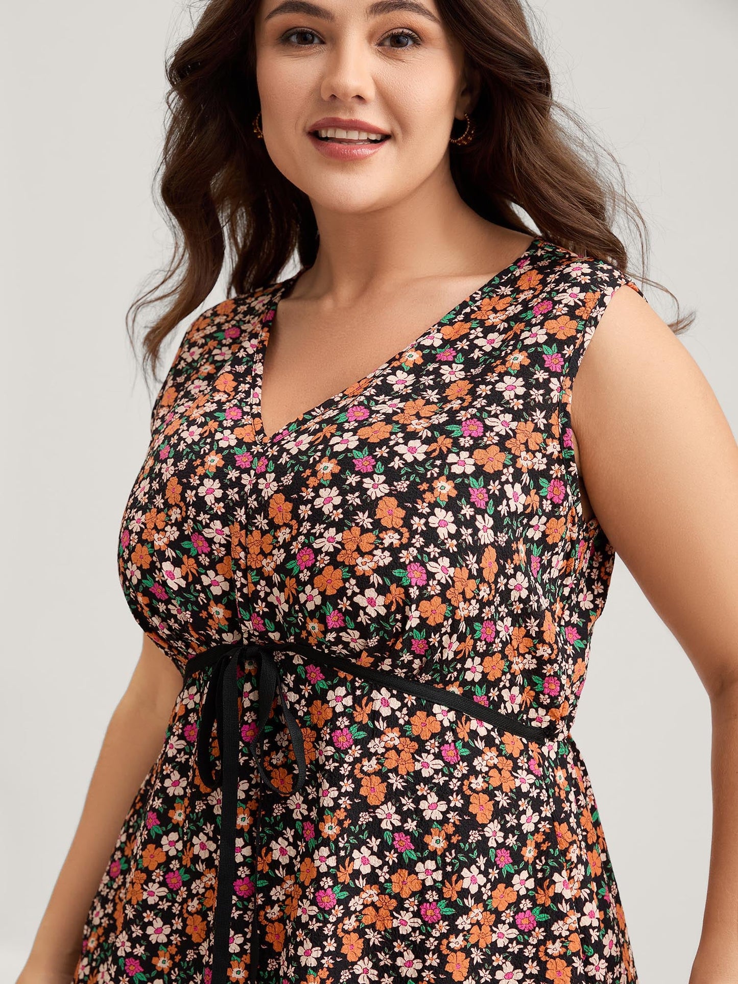 Floral Waist Tie Side Pockets Midi Dress