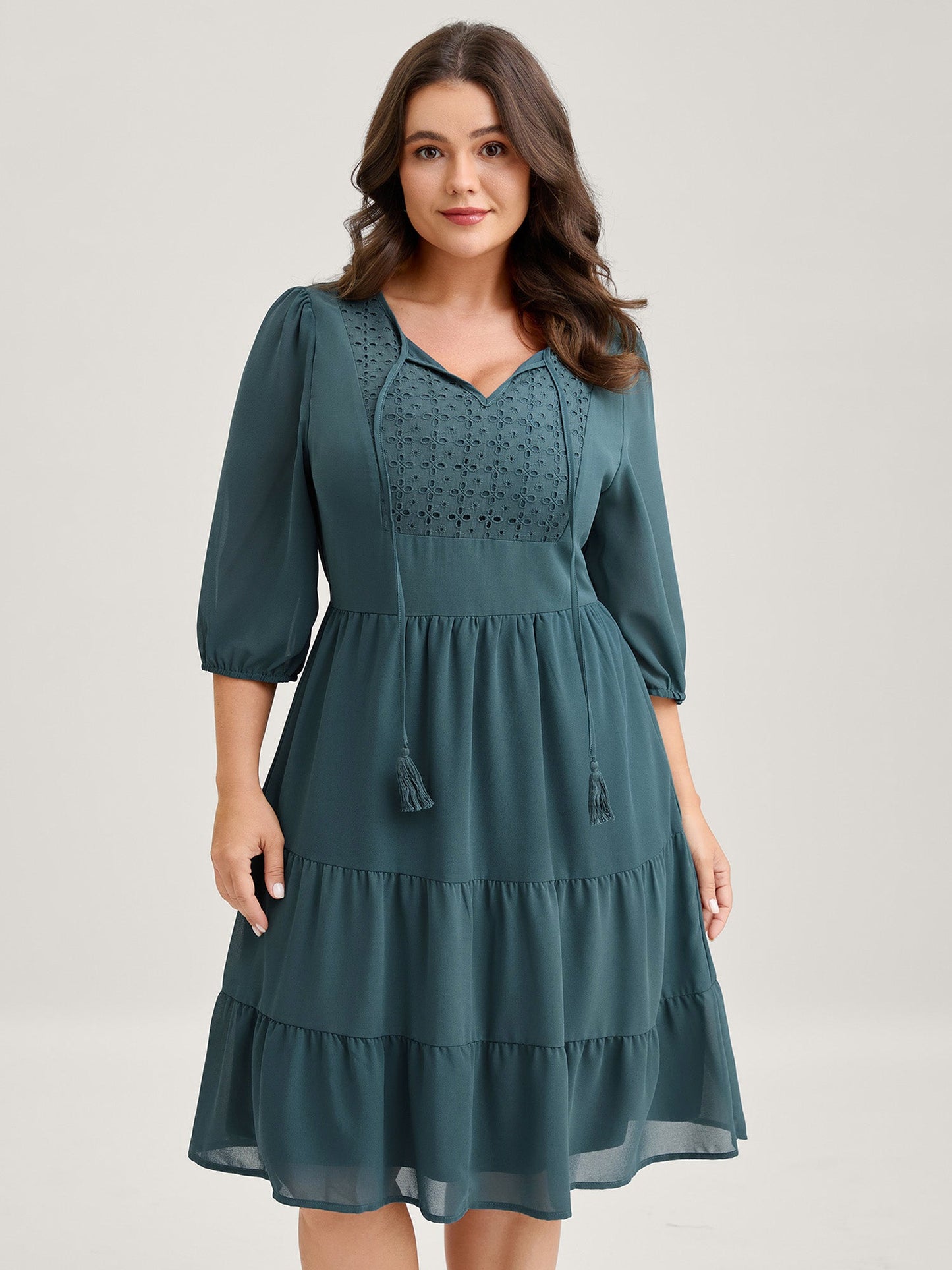 Texture Tiered Tassel Solid Midi Dress
