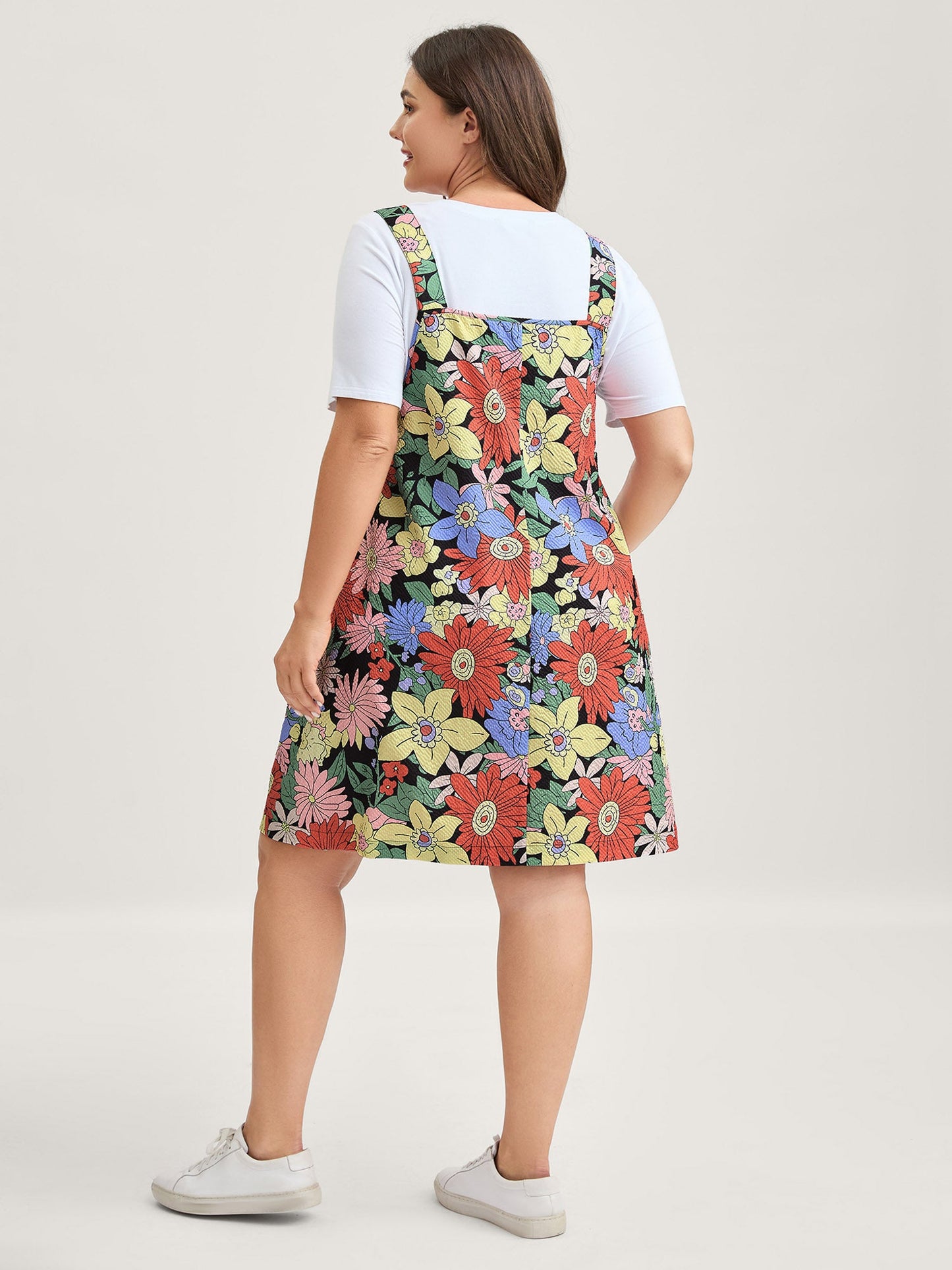 Floral Print Textured Overall Straps Dress