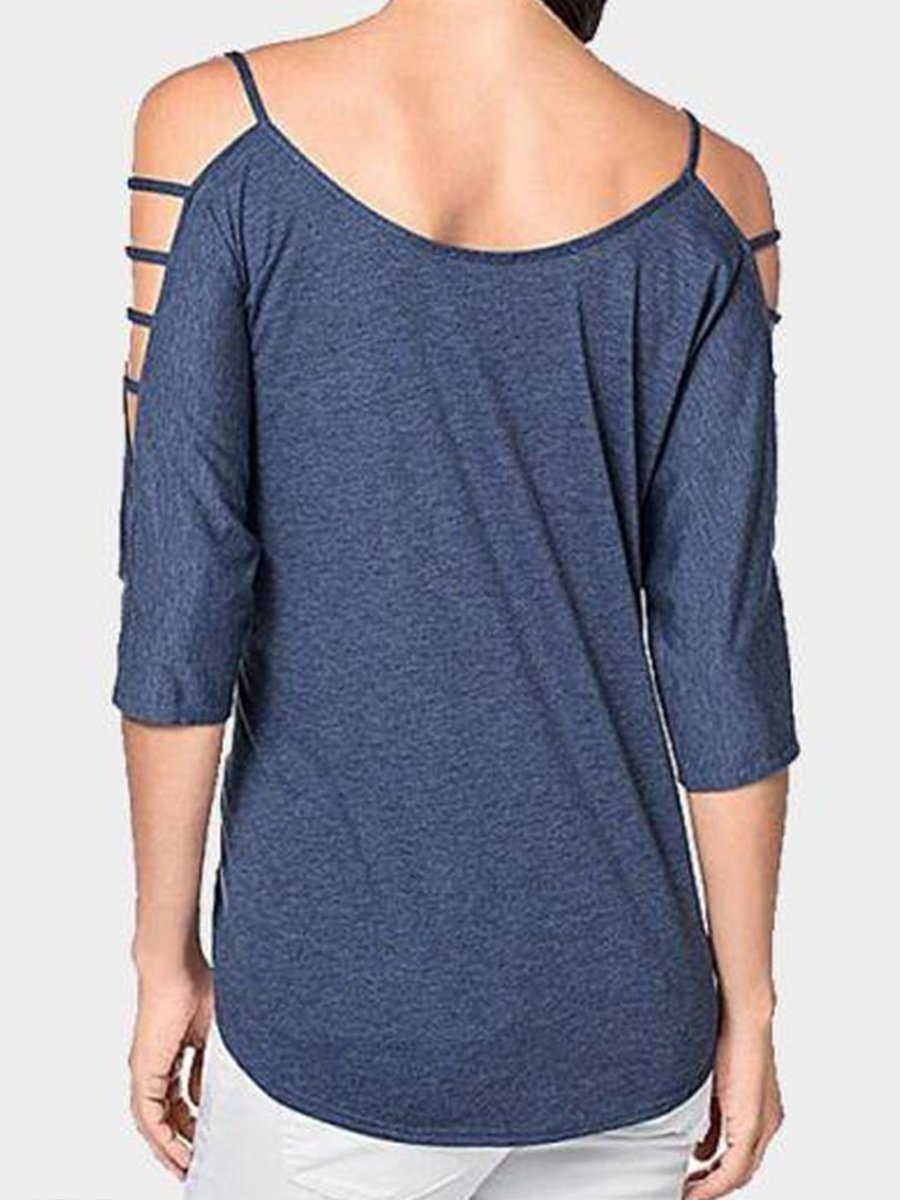 Open Shoulder Round Neck Hollow Out Plain Tops