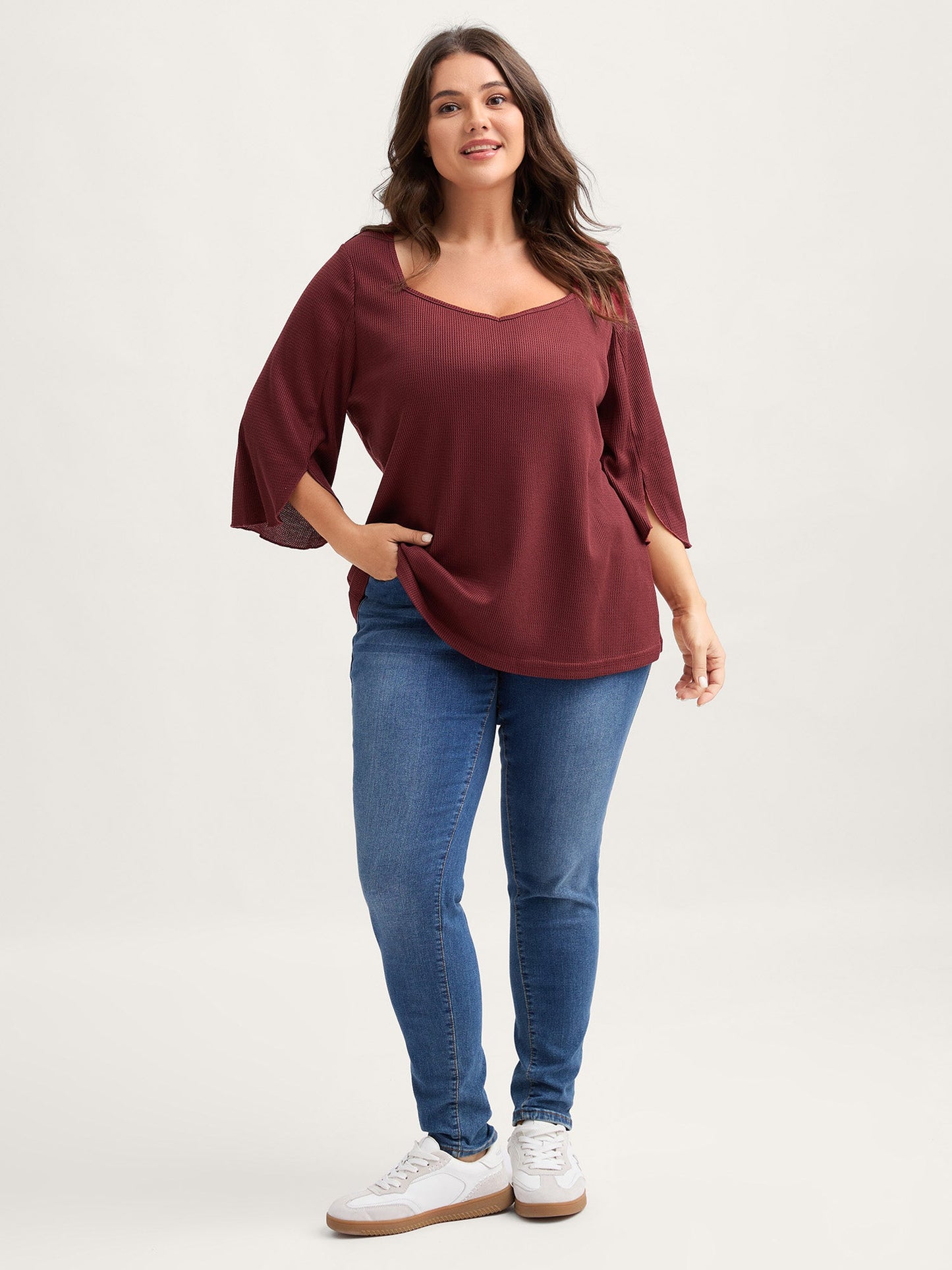Split Bell Sleeve Waffle T-Shirt