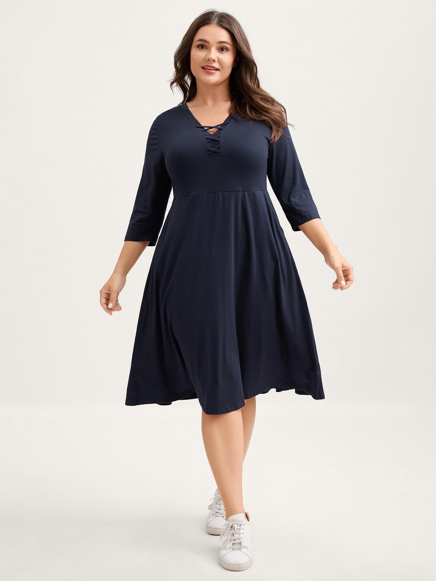 Supersoft Neck Tie-Up Pockets Midi Dress