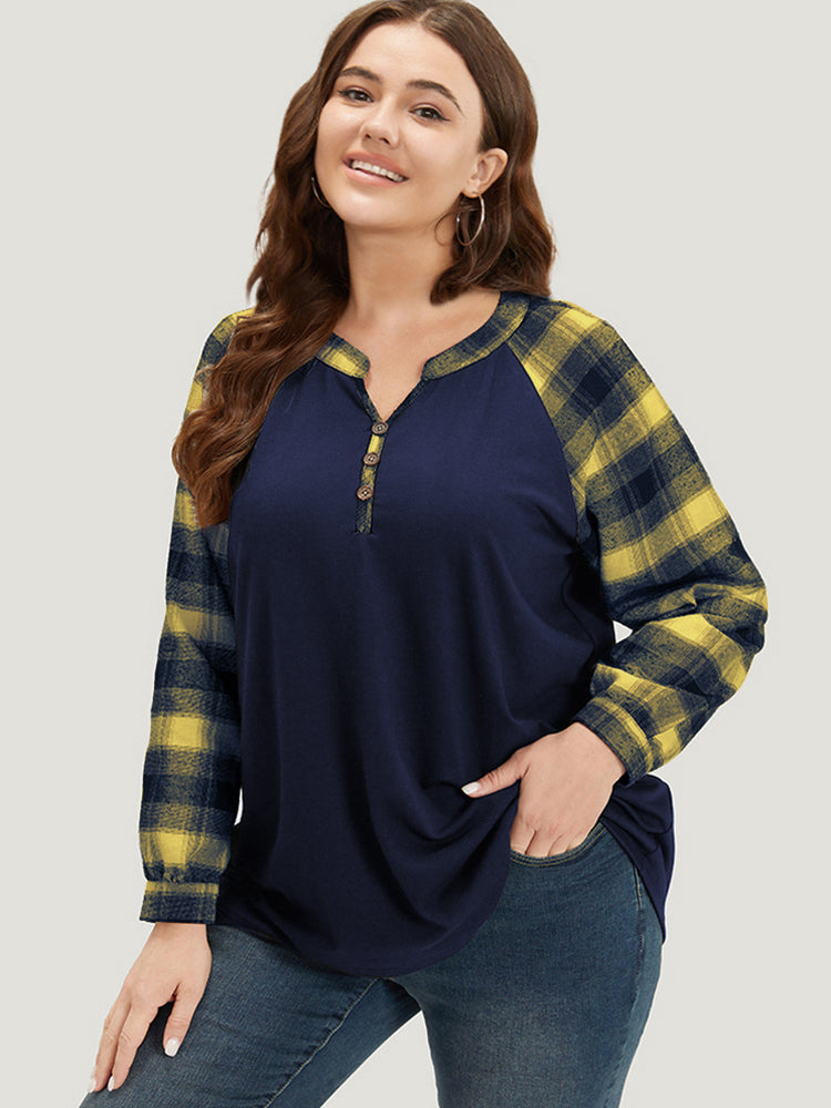 Plaid Patchwork Notched Button Detail Sweatshirt