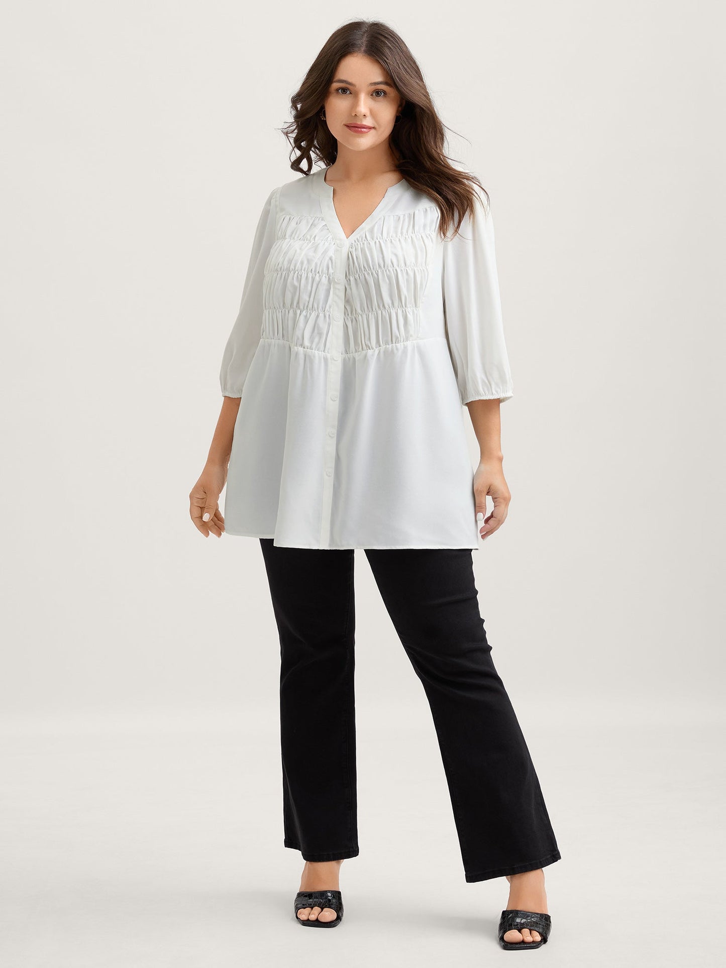 Textured Shirred Front Button Tunic Blouse