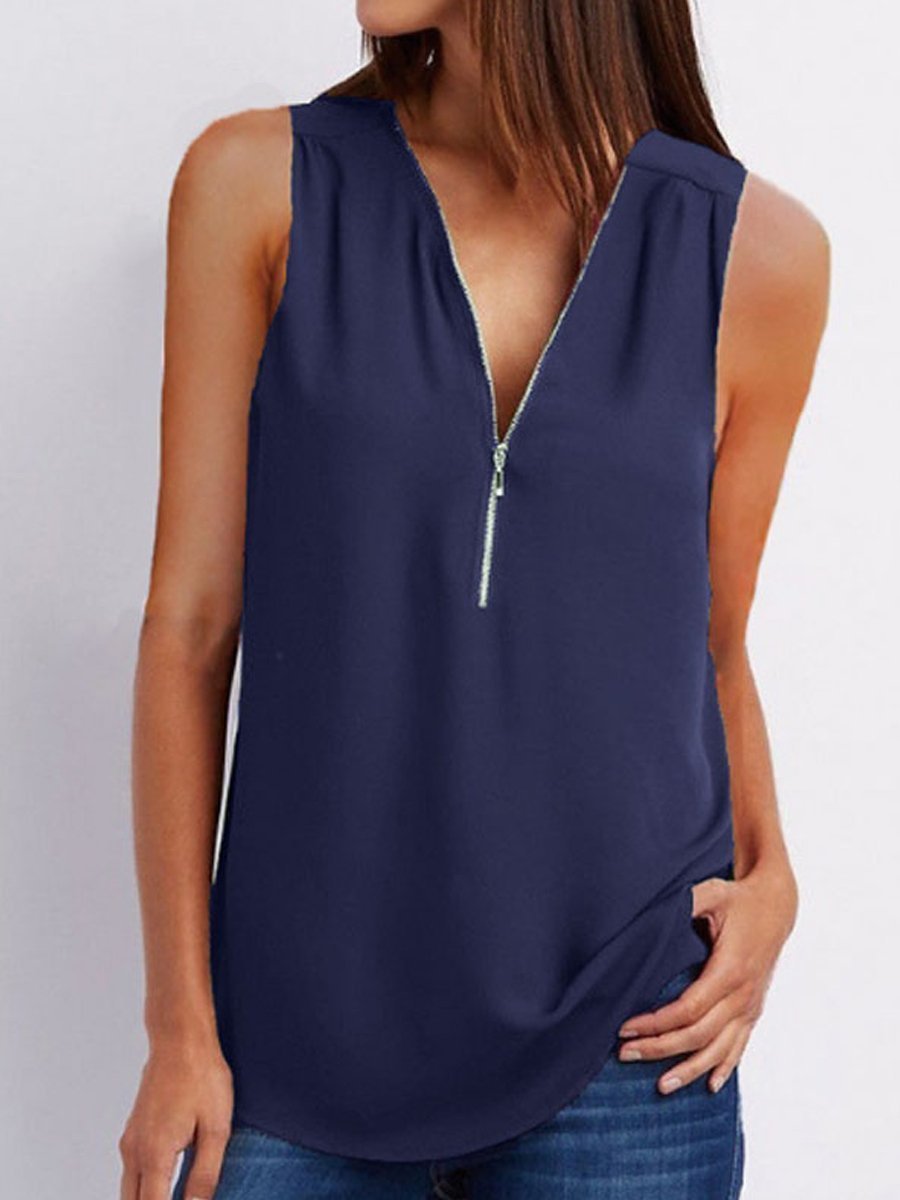 V-Neck Zips Plain Sleeveless Tops