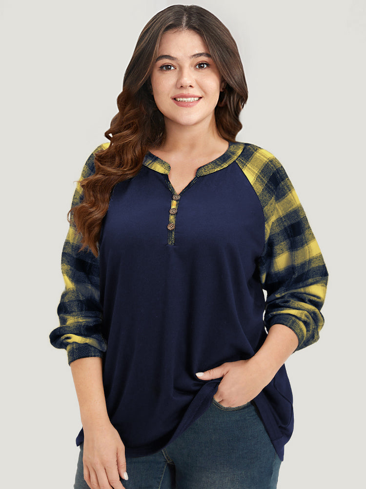 Plaid Patchwork Notched Button Detail Sweatshirt