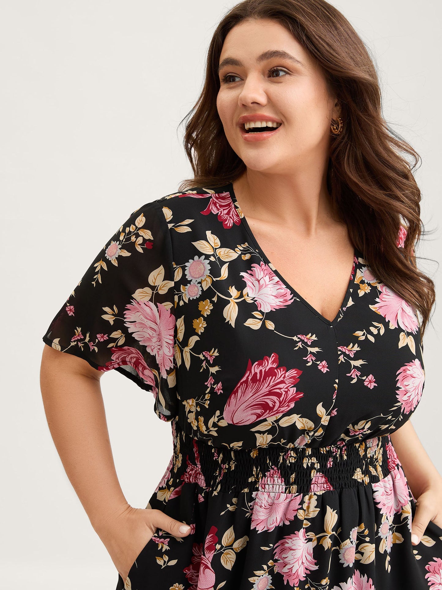 Sweet Floral Shirred Waist Cinched Midi Dress