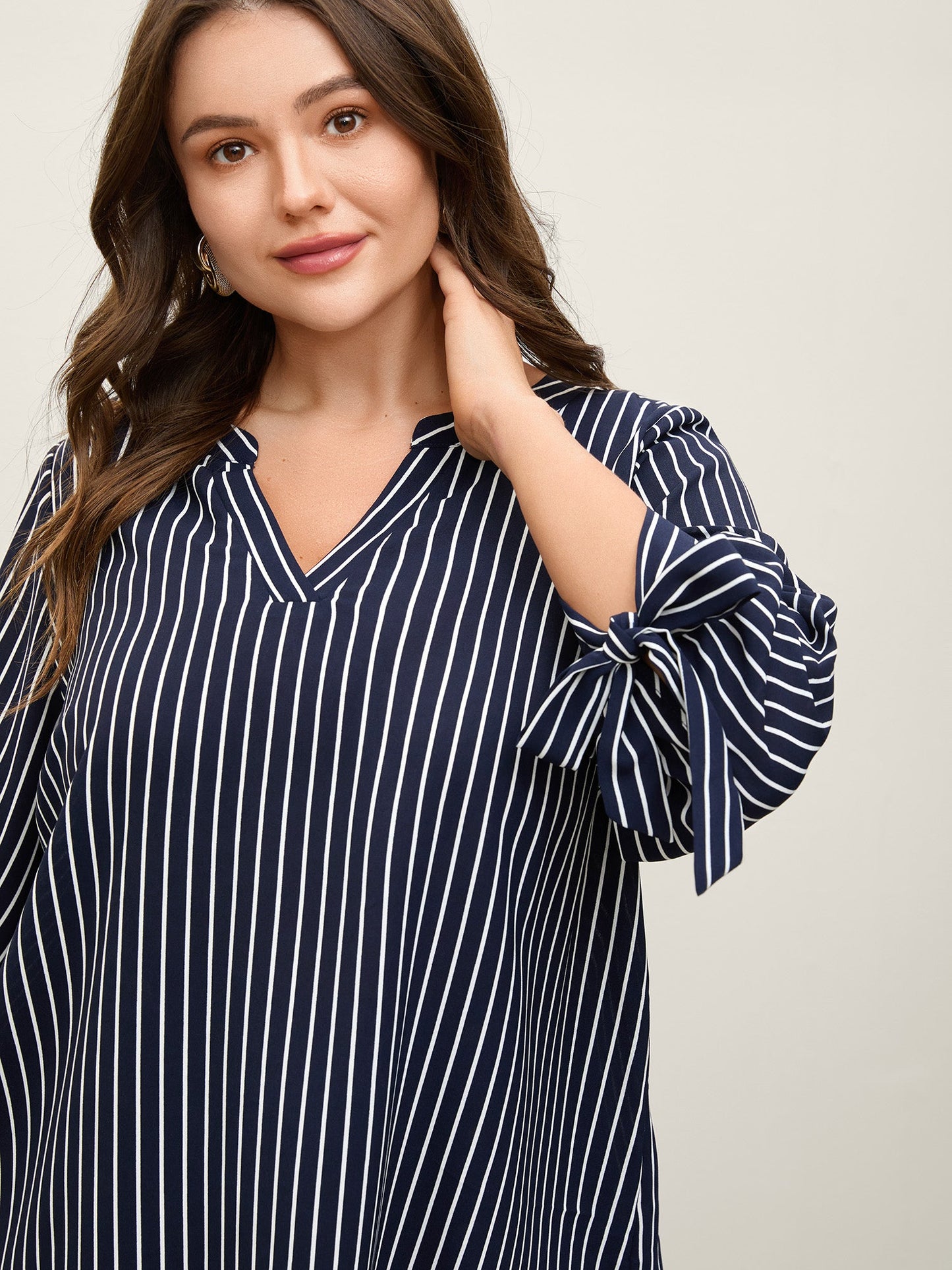 Striped Notched Collar Sleeve Tie Blouse
