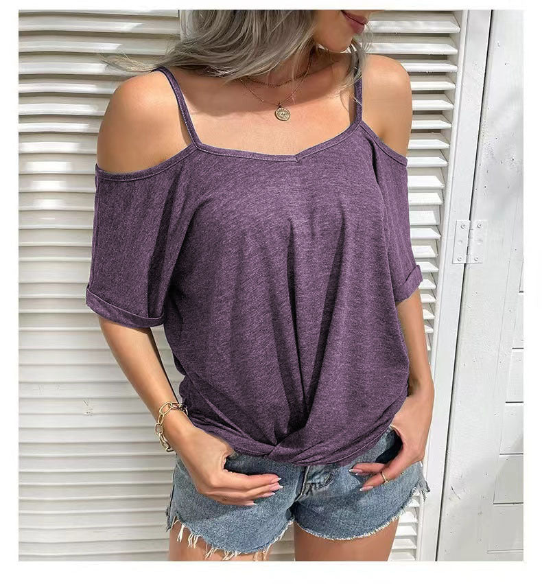 Color Cotton Off Shoulder Short Sleeve Top T-Shirt