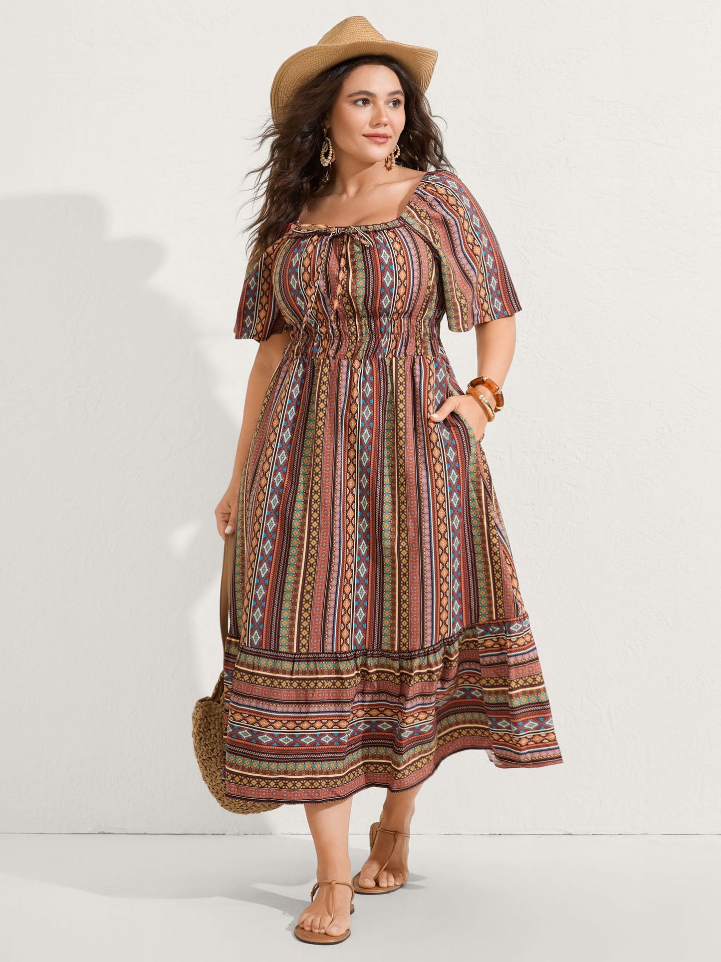 Striped Cinched-Waist Midi Dress