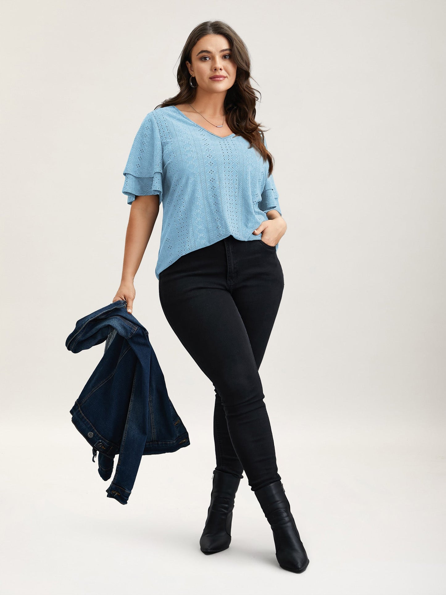 Jacquard Textured Lotus Leaf Sleeve Top