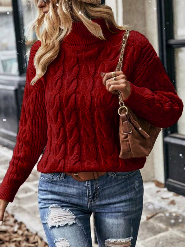 Cable Knit Turtleneck Drop Shoulder Sweater
