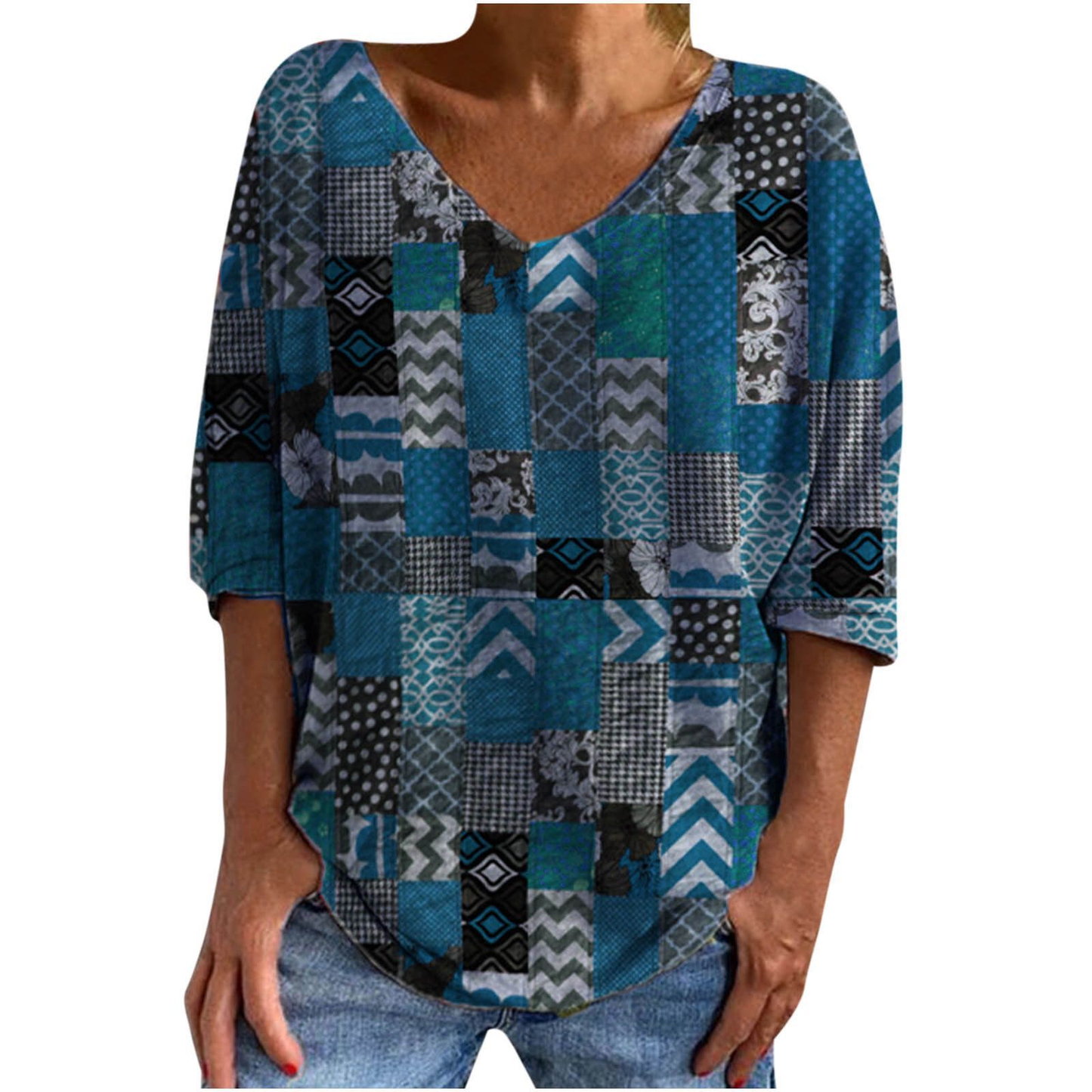 Casual V Neck Mid Sleeve Loose Pullover Retro Print Women's T-Shirt