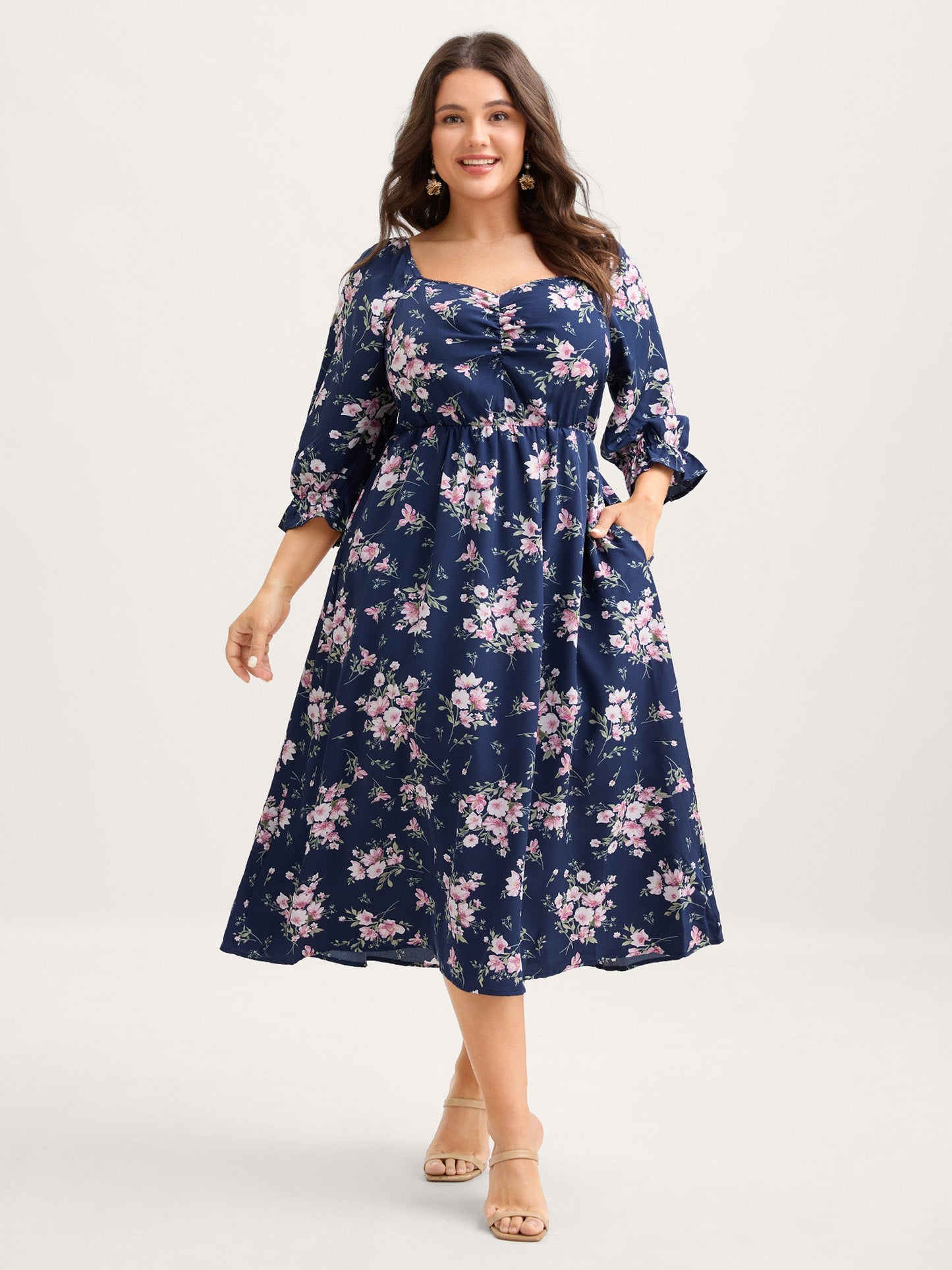 Floral Stretchy Waist Ruffled Midi Dress