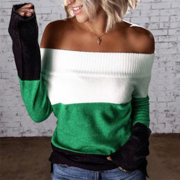 Color Block Off Shoulder Knitted Sweater