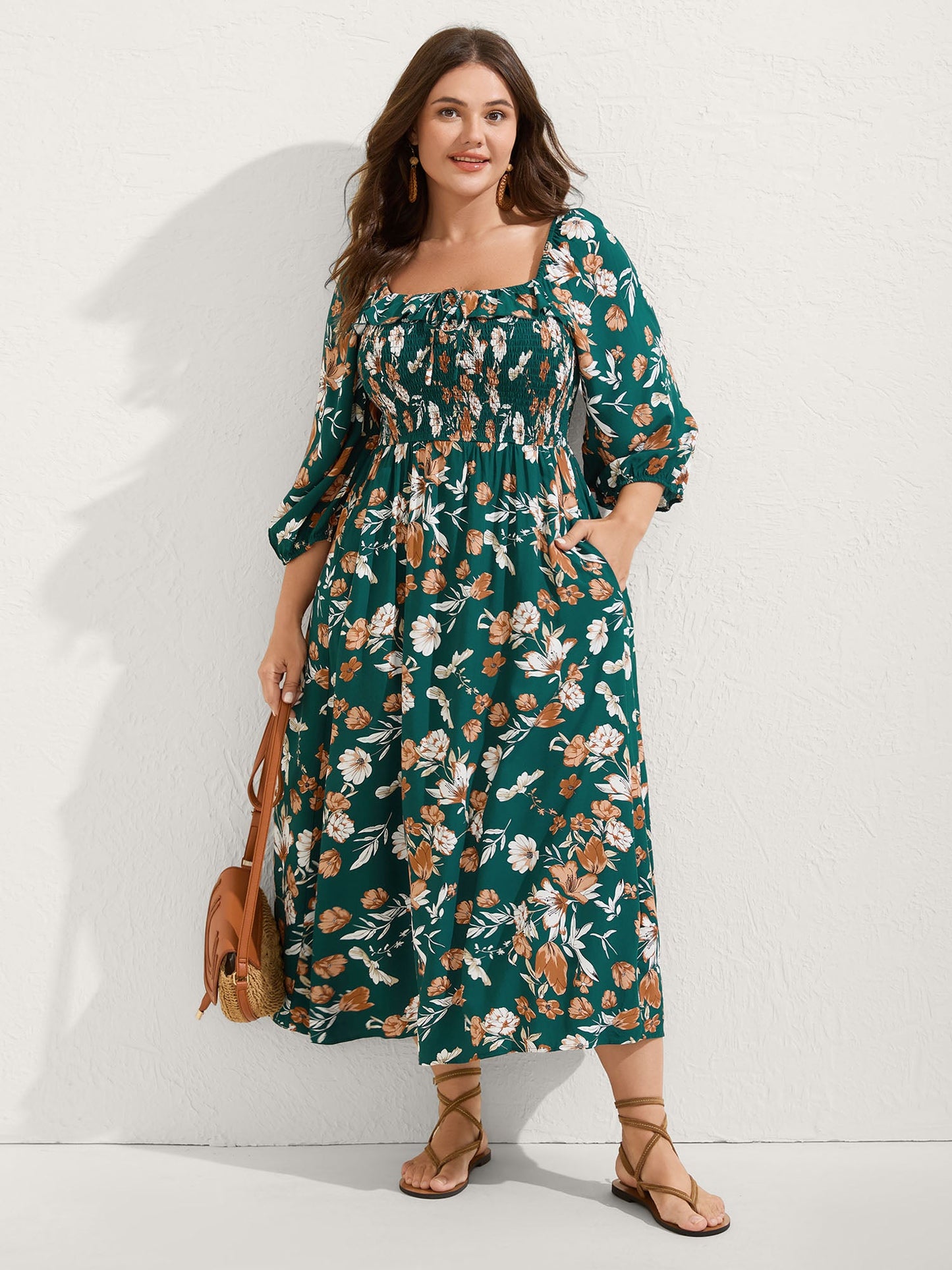 Rayon Floral Shirred Stretchy Waist Midi Dress