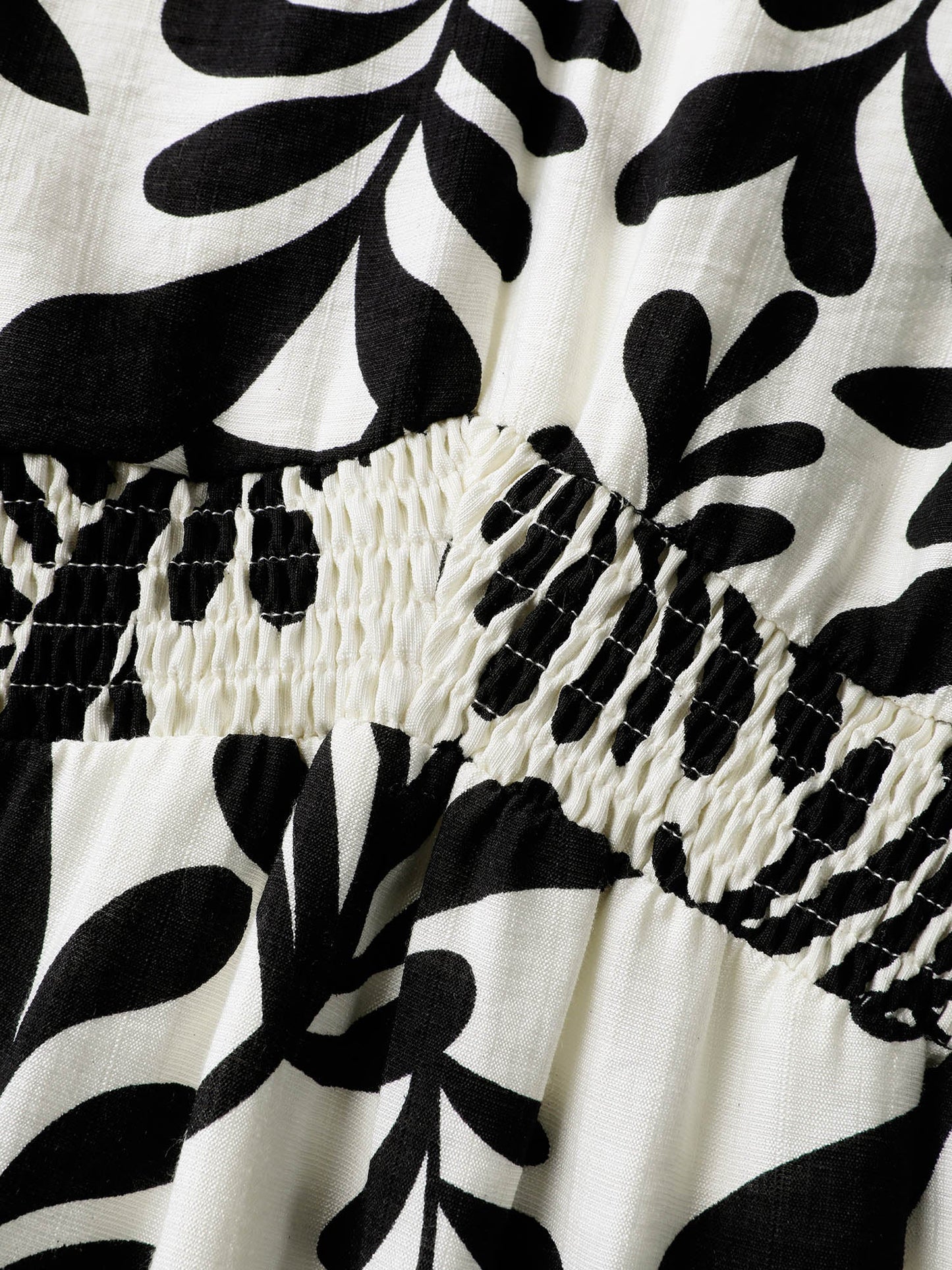 Leafy Print Shirred Waist Midi Dress