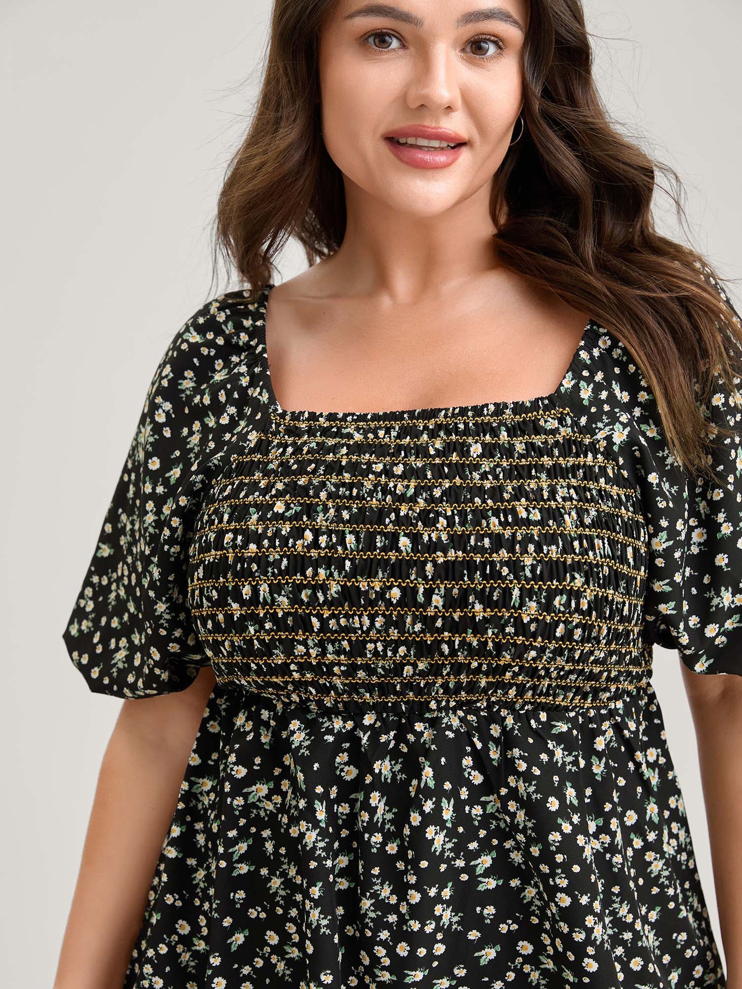 Shirred Bust Floral Fit and Flared Blouse