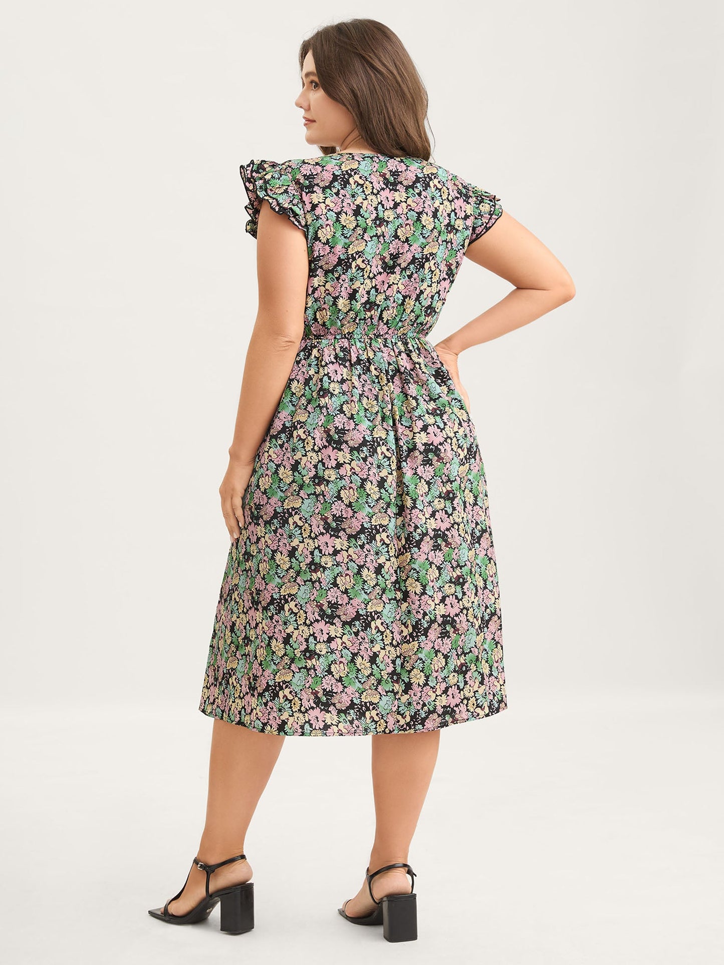 Floral Layered Ruffled Sleeve Midi Dress