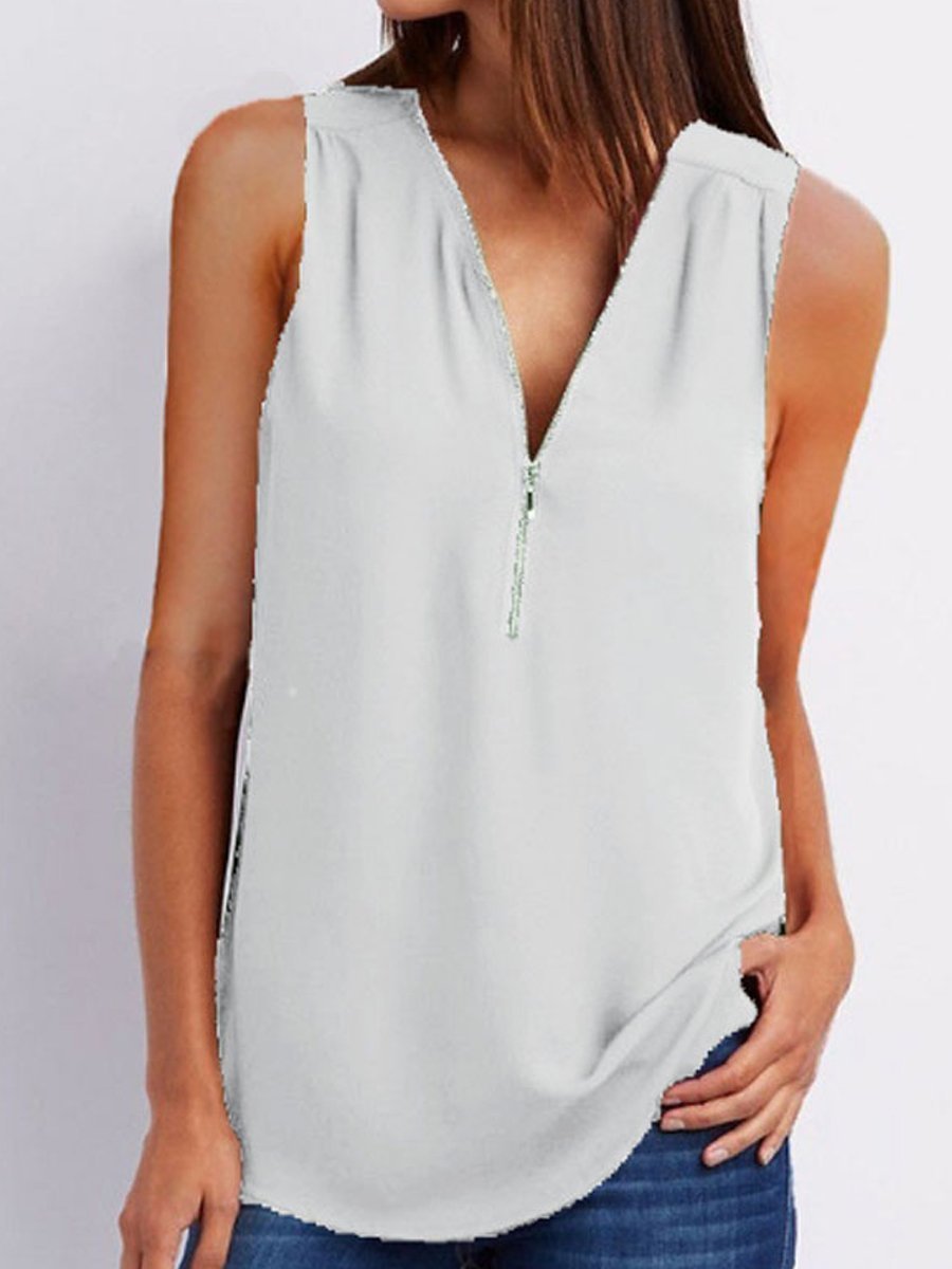 V-Neck Zips Plain Sleeveless Tops