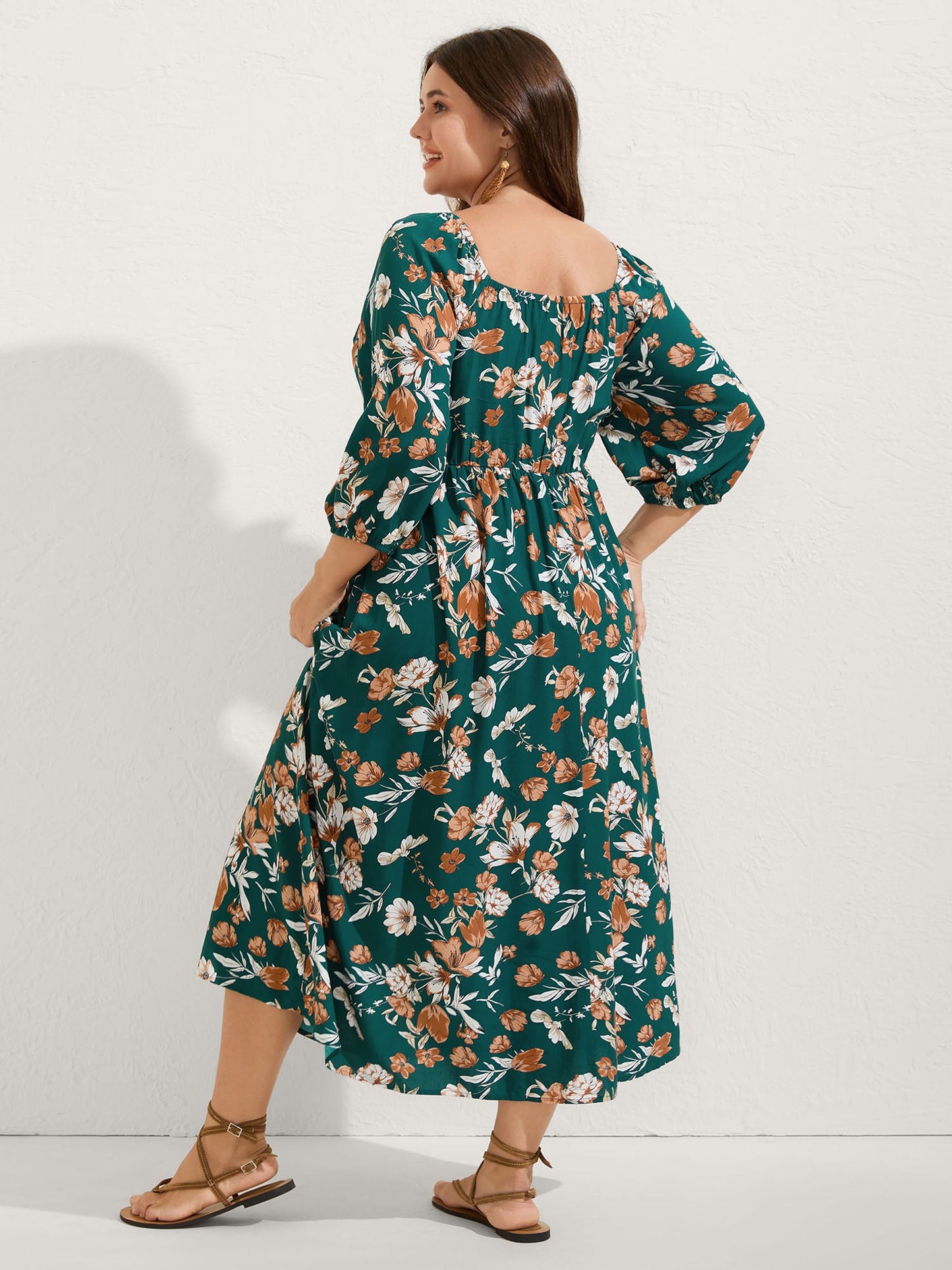 Rayon Floral Shirred Stretchy Waist Midi Dress