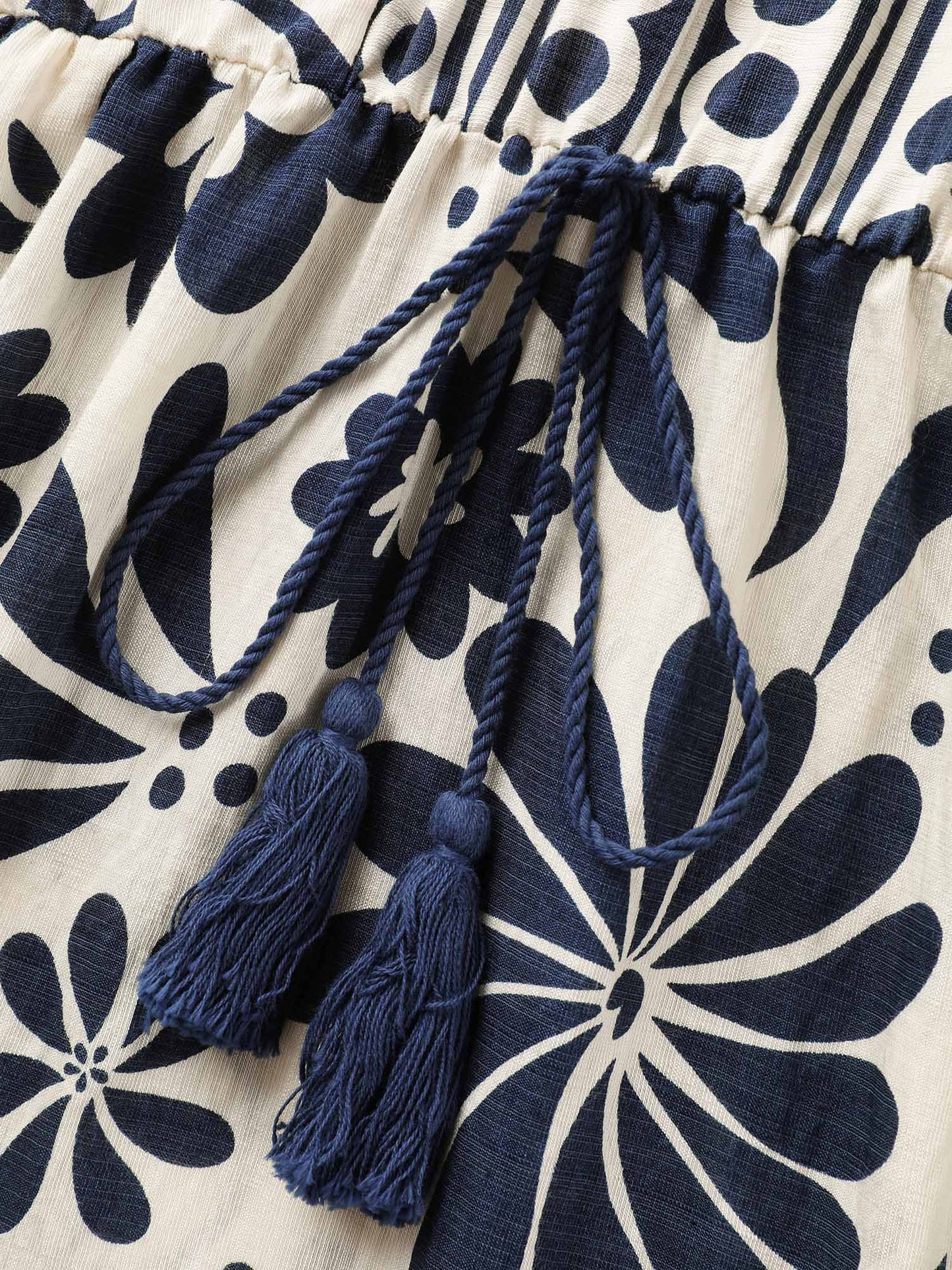 Floral Waist-Drawstring Tassel Midi Dress
