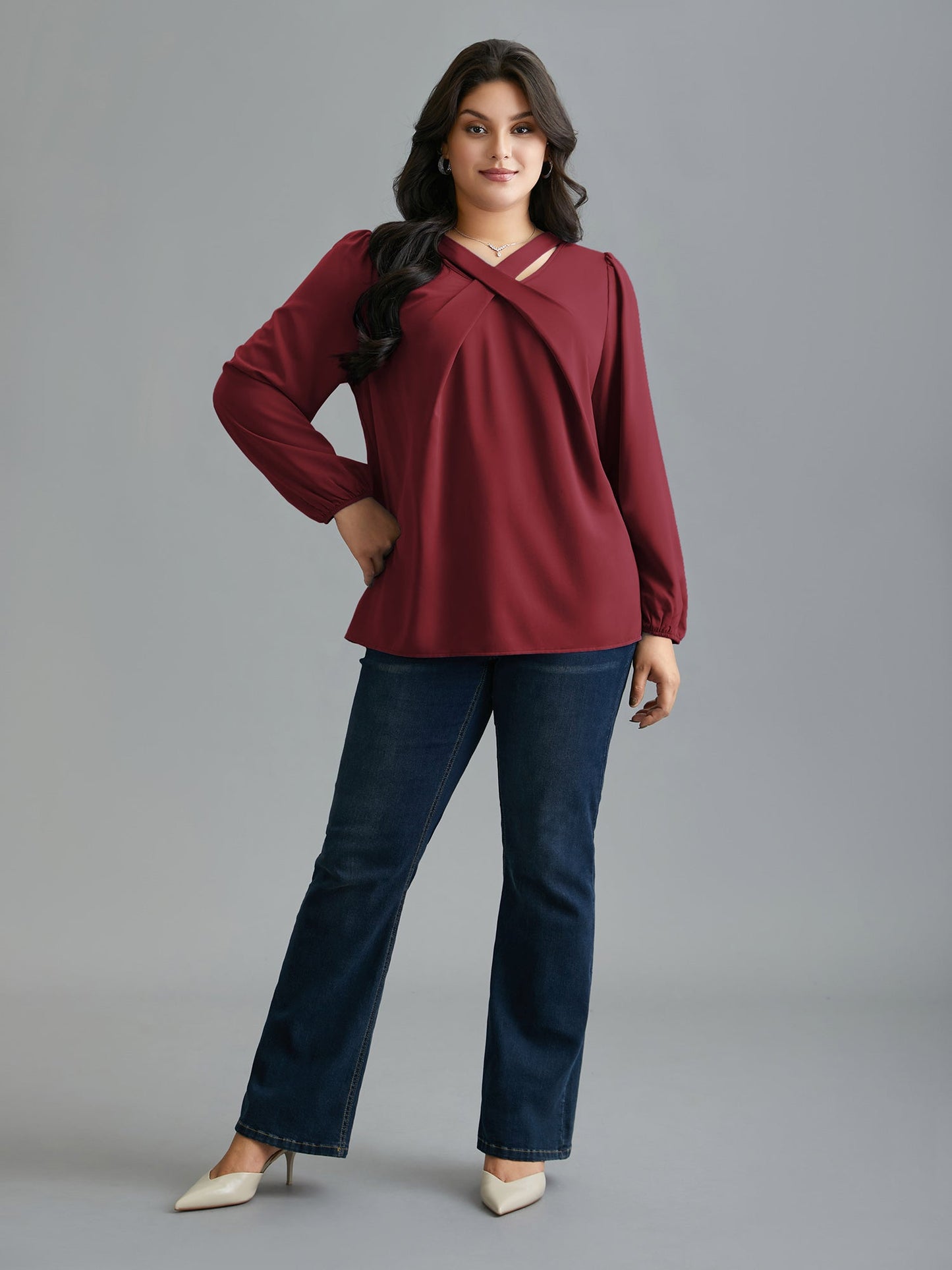 Criss Cross Neckline Puff Sleeve Gathered Blouse