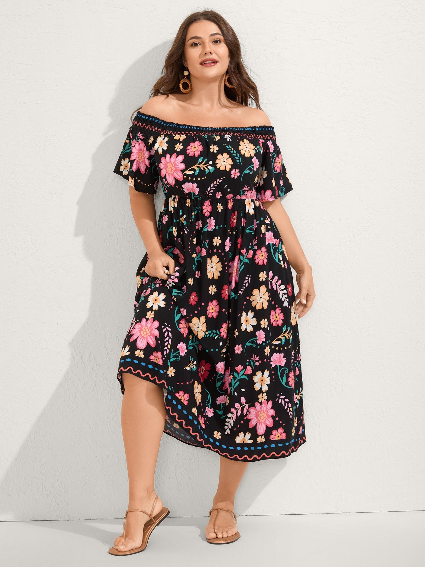Rayon Floral Shirred Off-Shoulder Midi Dress