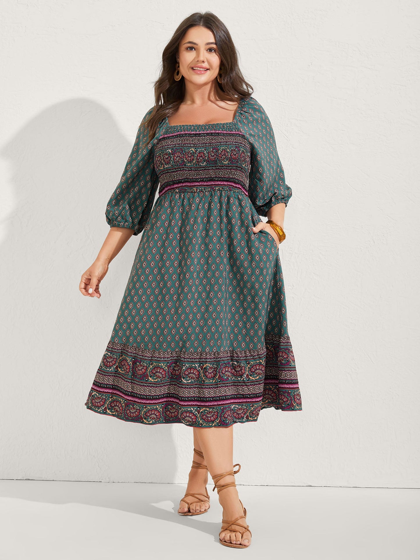 Paisley Print Shirred Bodice Midi Dress