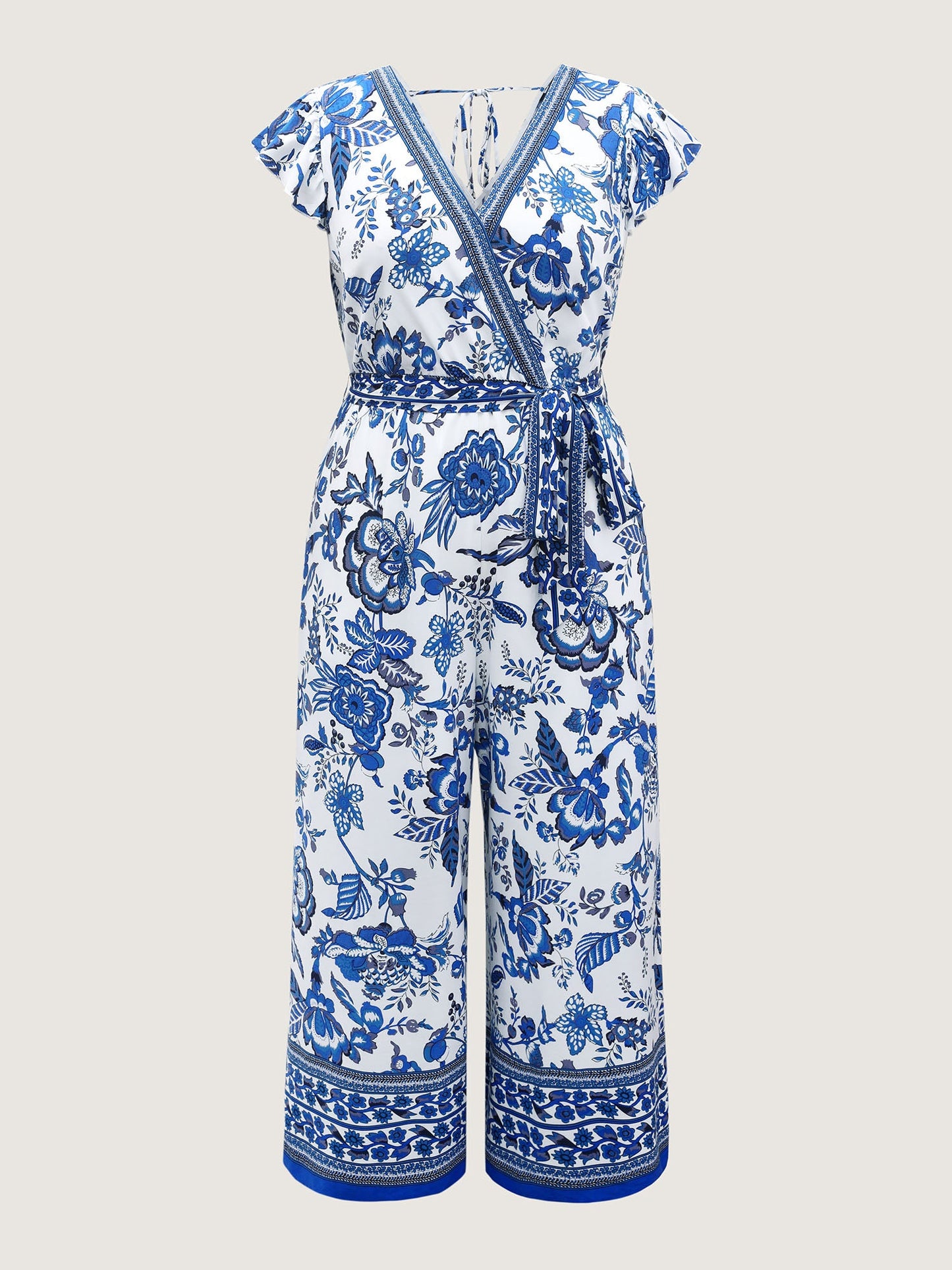 Boho Print Surplice Neck Belted Jumpsuit